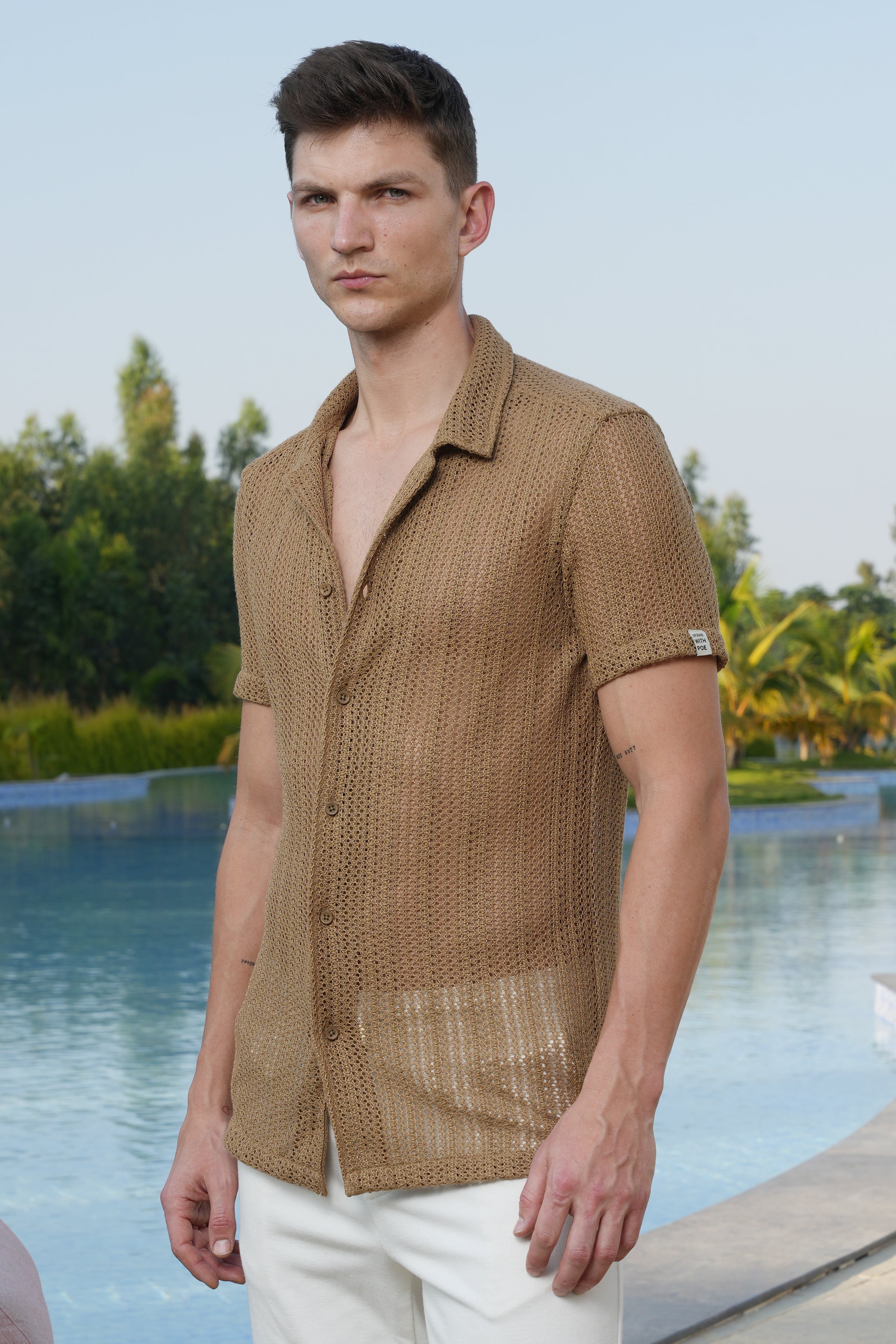 Men Angel Solid Crochet Shirt Khaki
