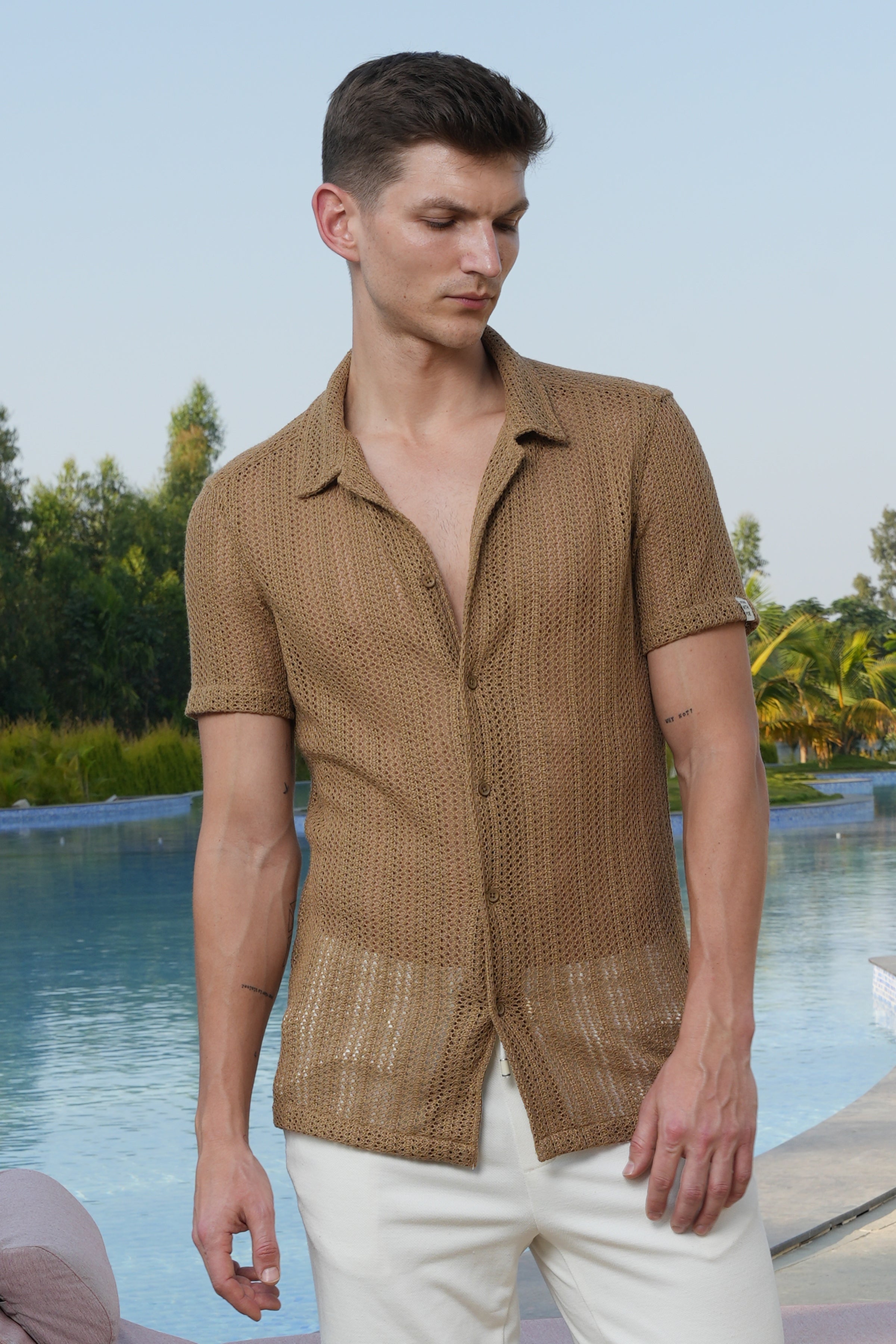 Men Angel Solid Crochet Shirt Khaki