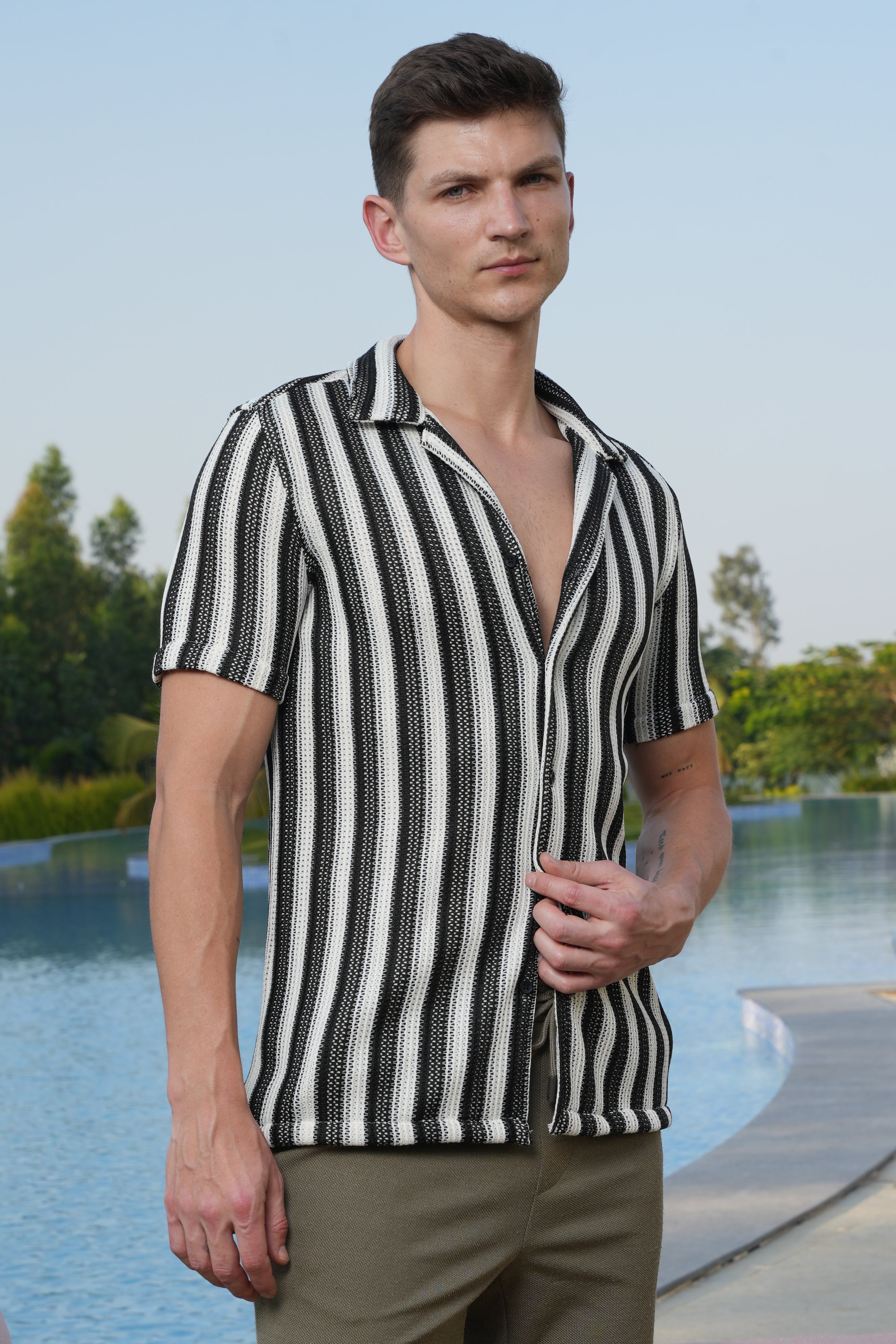 Men Allura Striped Crochet Shirt Black