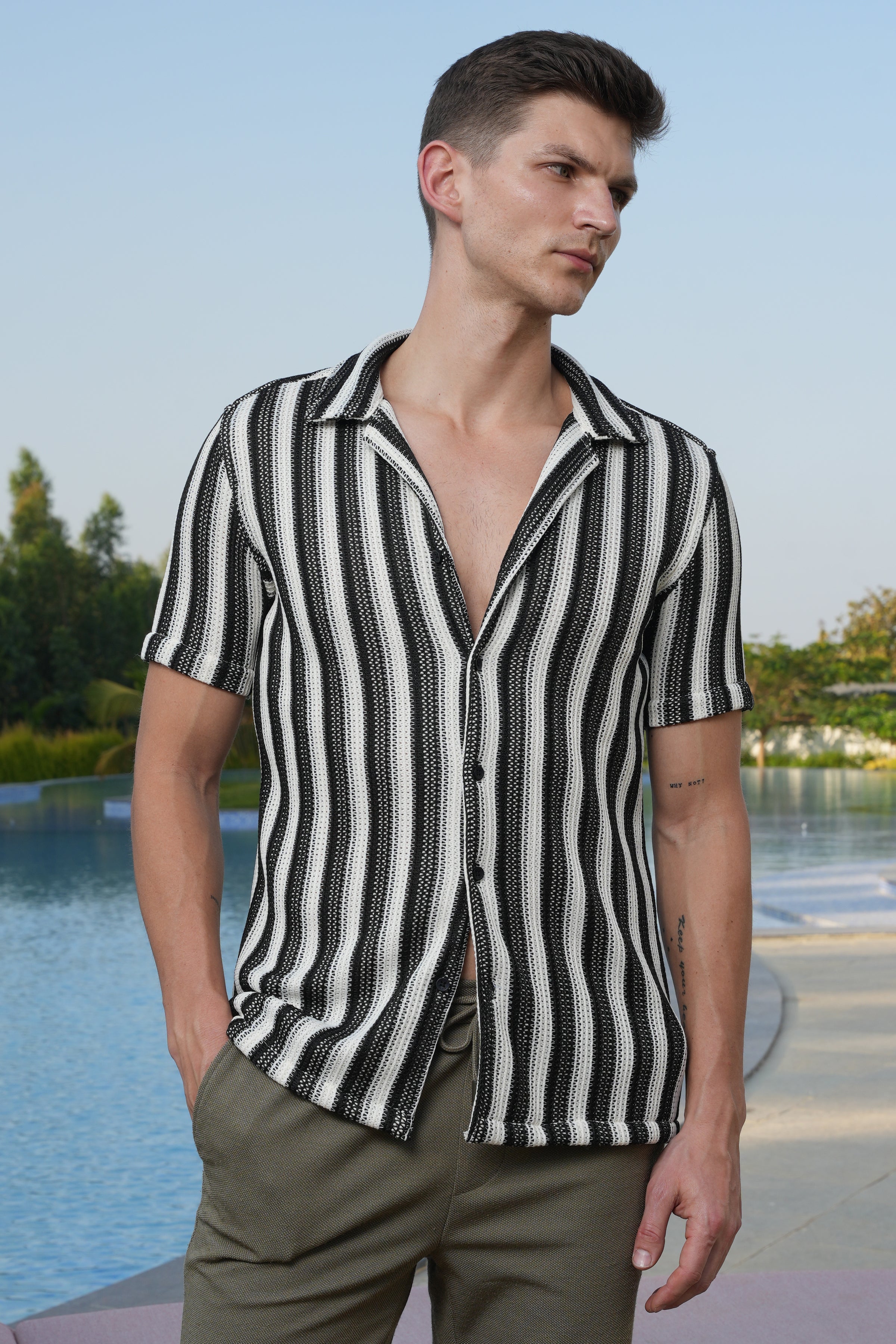 Men Allura Striped Crochet Shirt Black