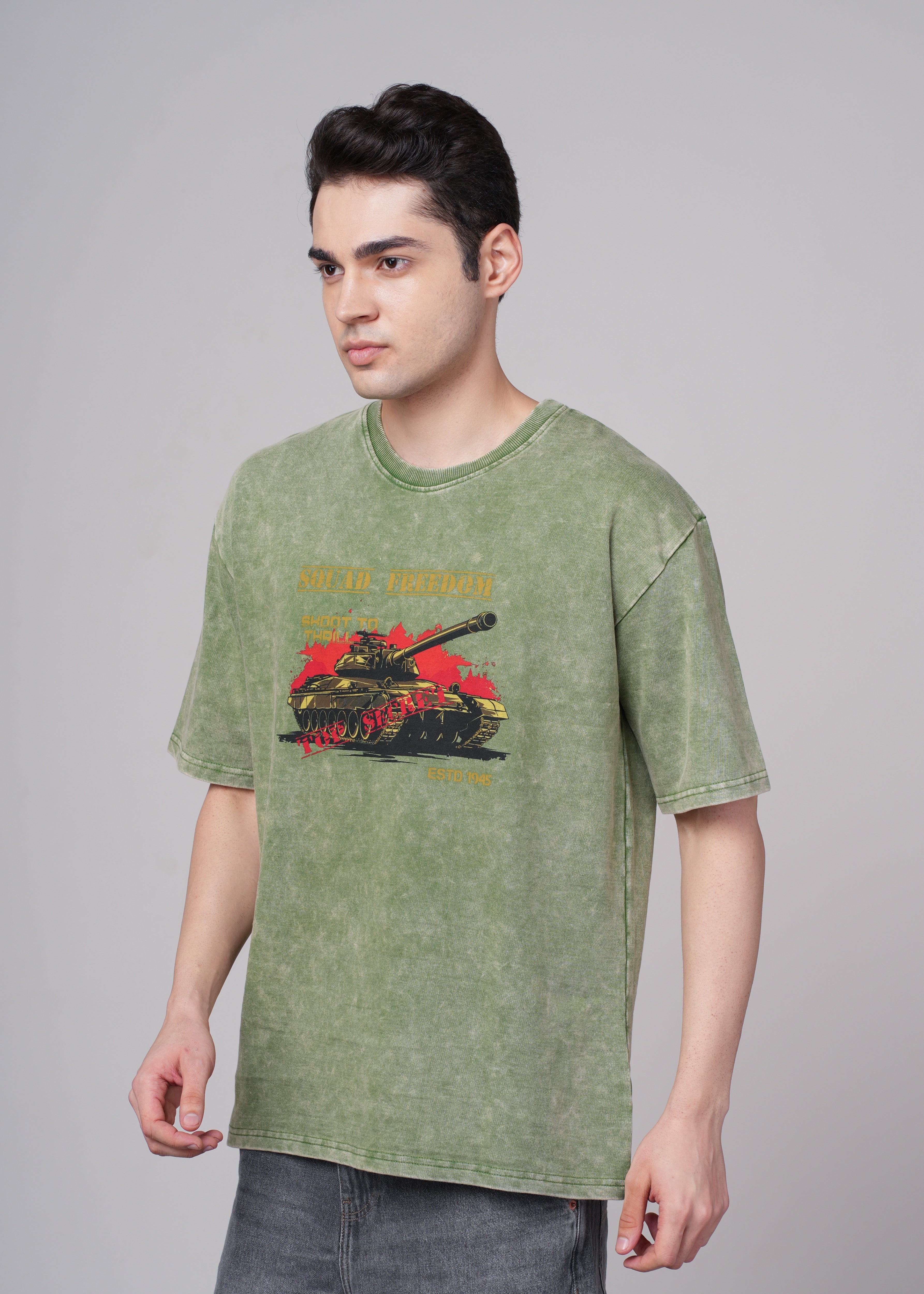 Men Olive Graphic Cotton Oversized T-Shirt