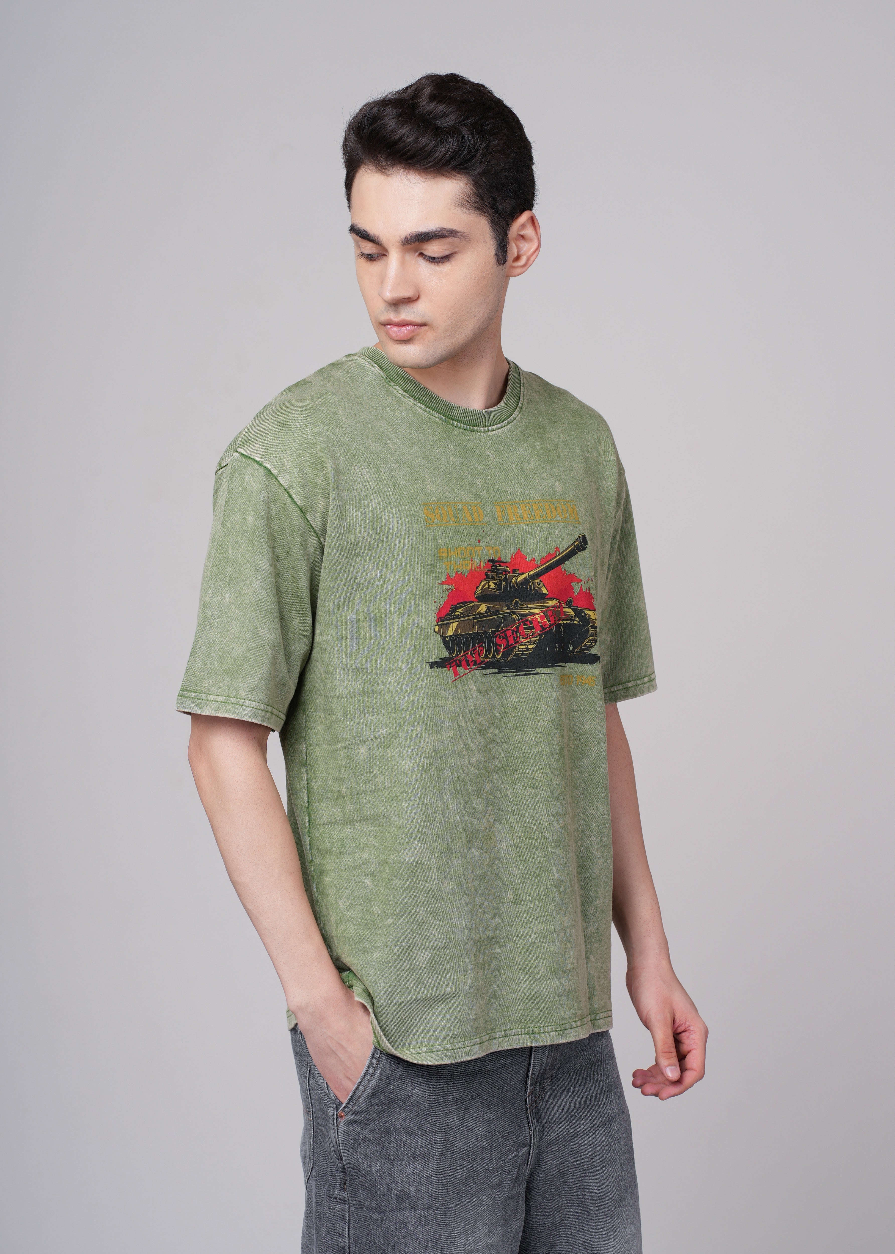 Men Olive Graphic Cotton Oversized T-Shirt