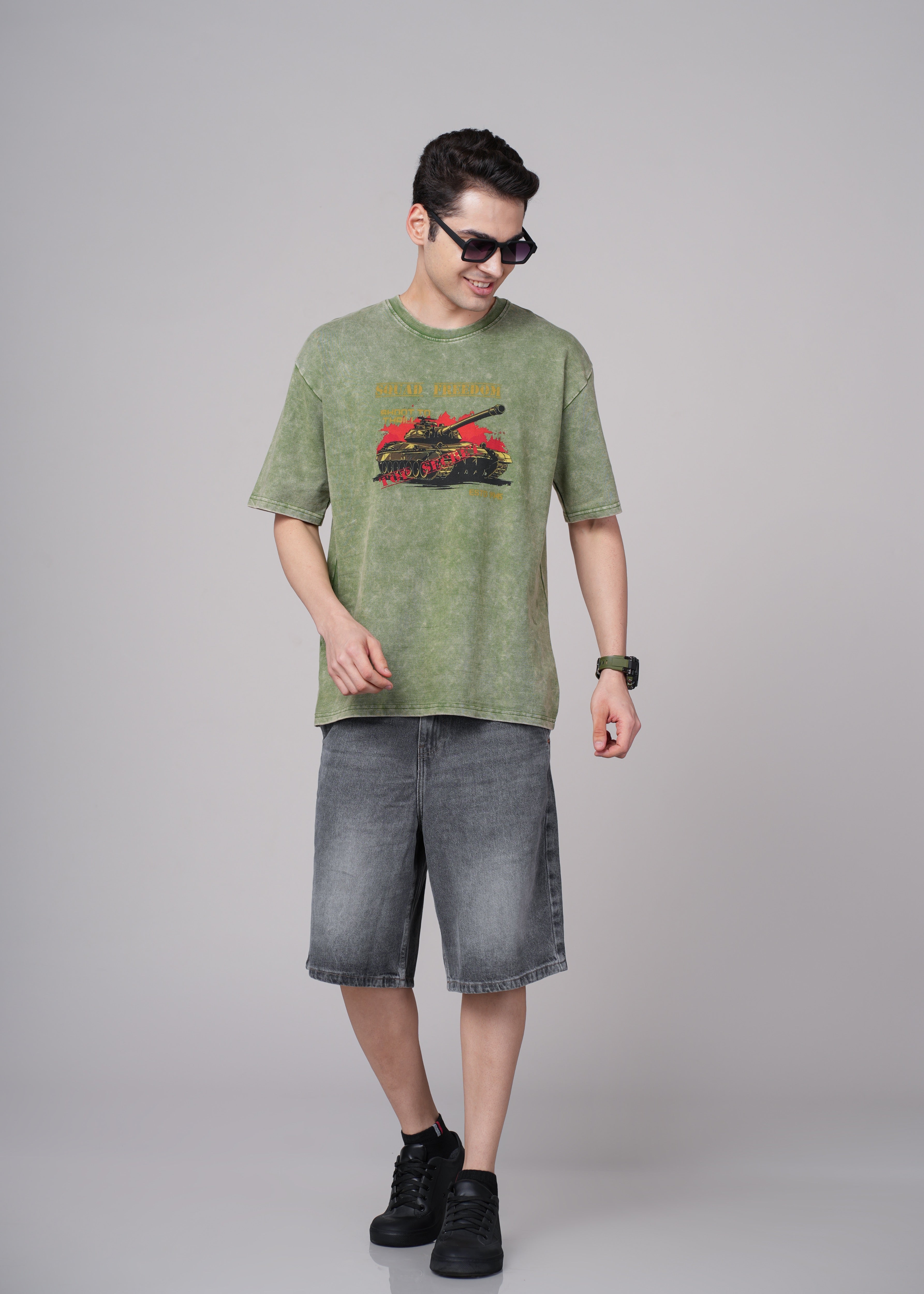 Men Olive Graphic Cotton Oversized T-Shirt