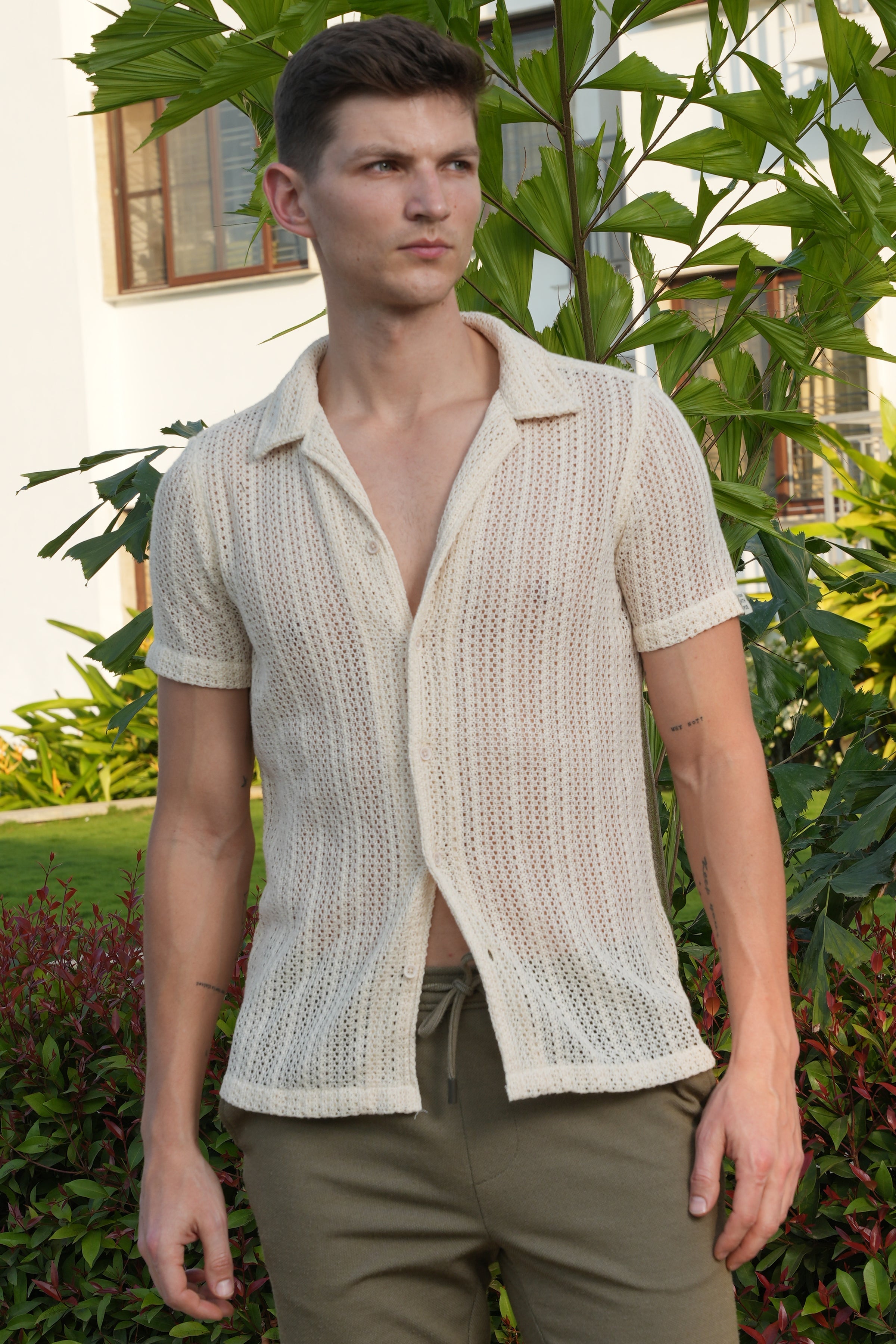 Men Angel Solid Crochet Shirt Cream