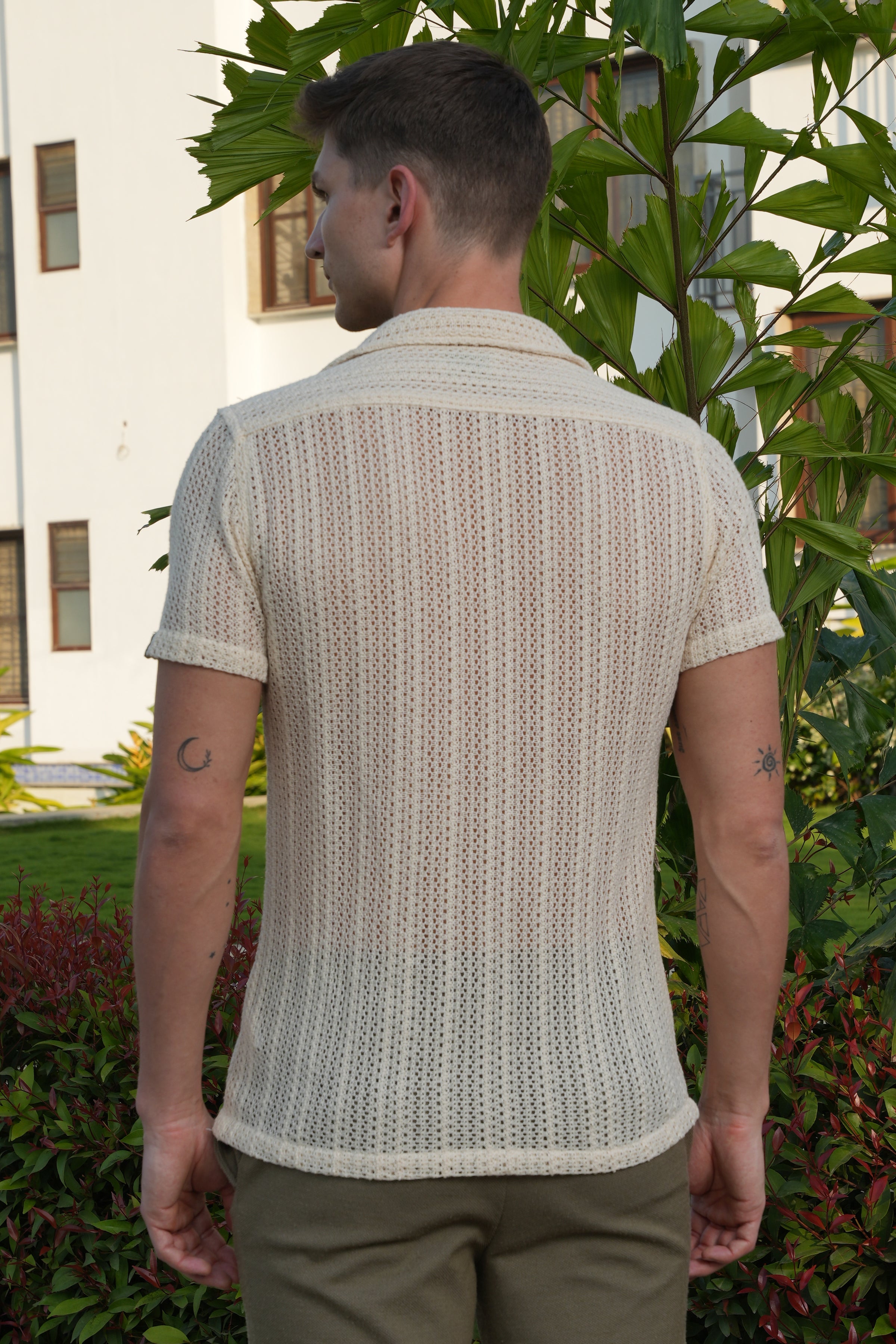 Men Angel Solid Crochet Shirt Cream