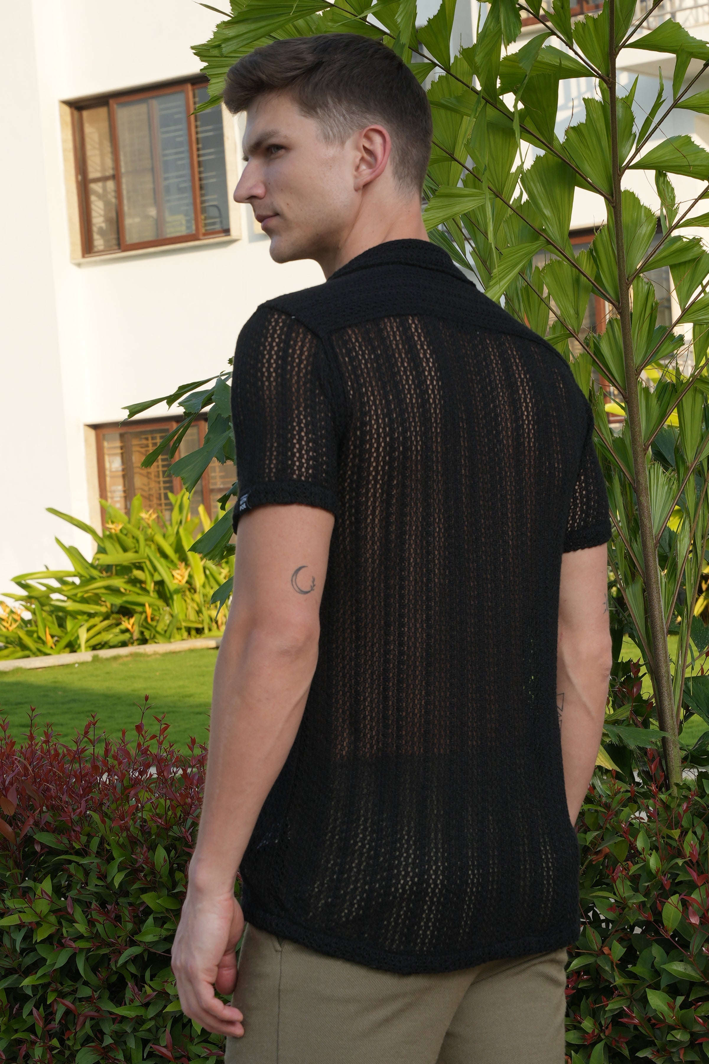 Men Angel Solid Crochet Shirt Black