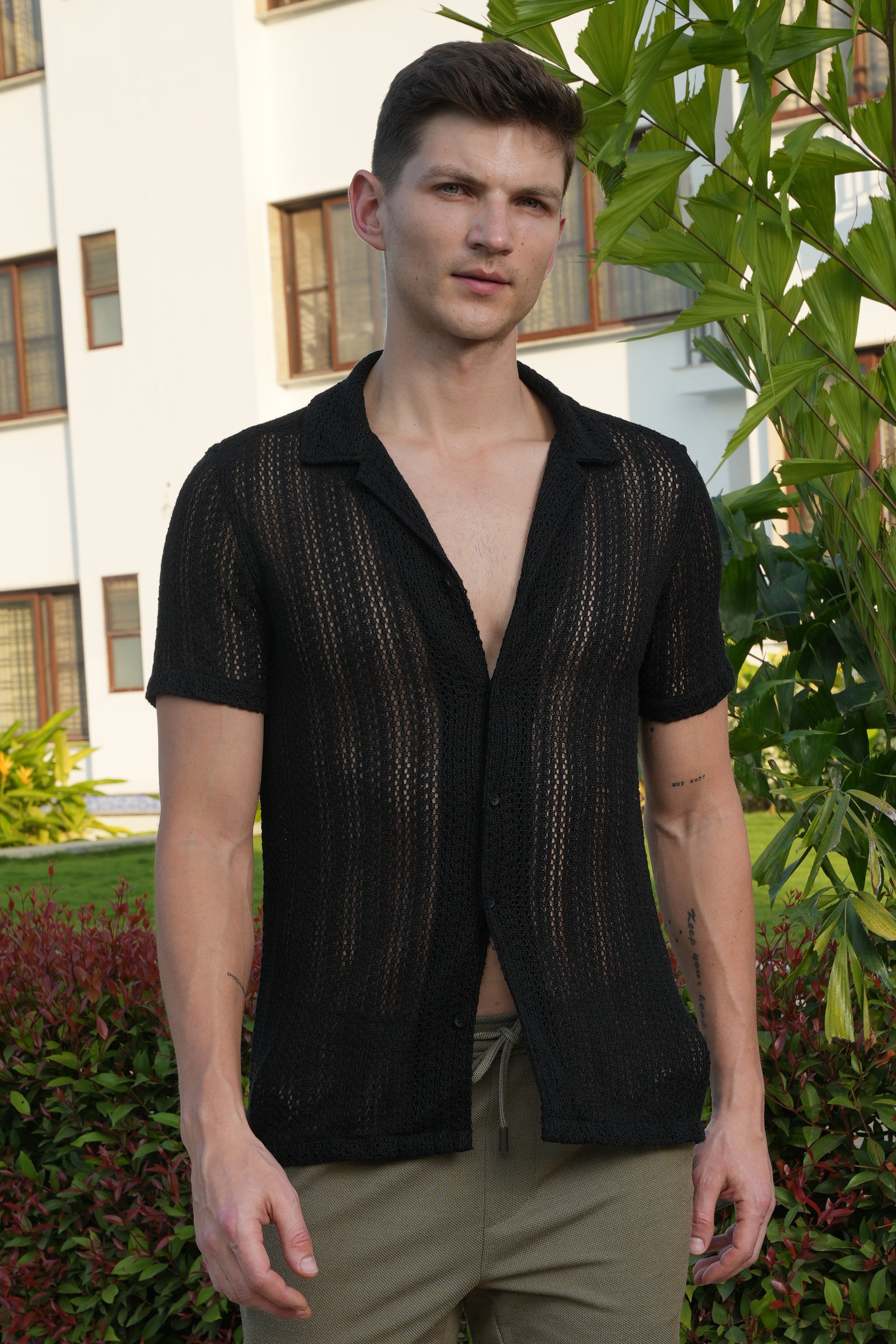 Men Angel Solid Crochet Shirt Black