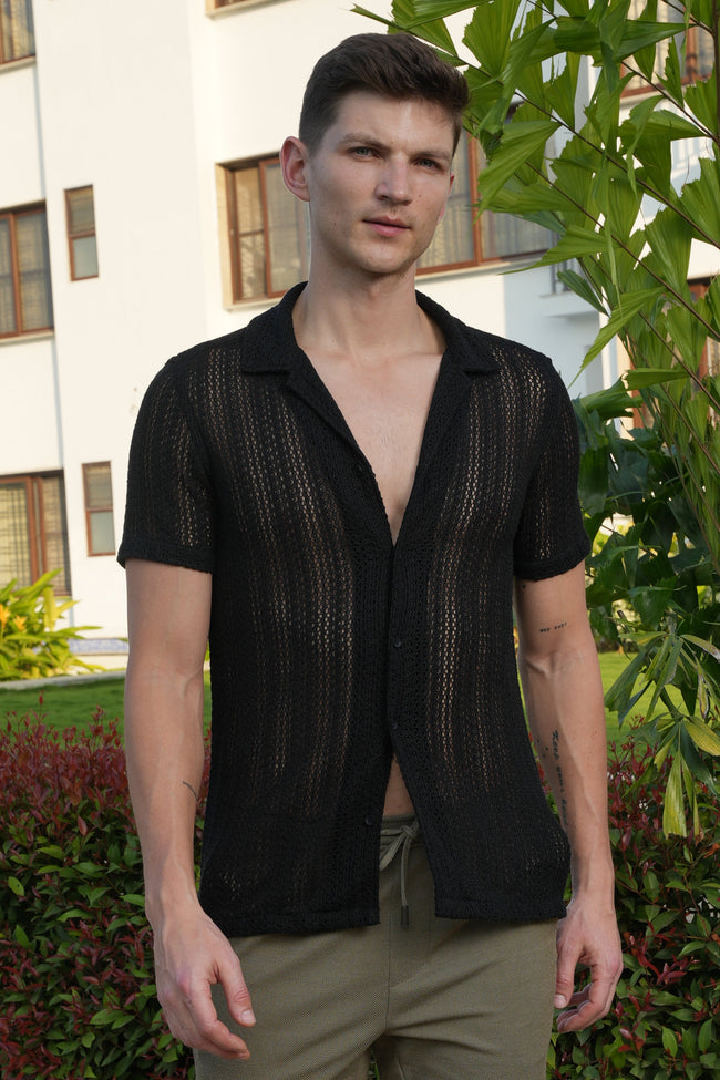 Men Angel Solid Crochet Shirt Black