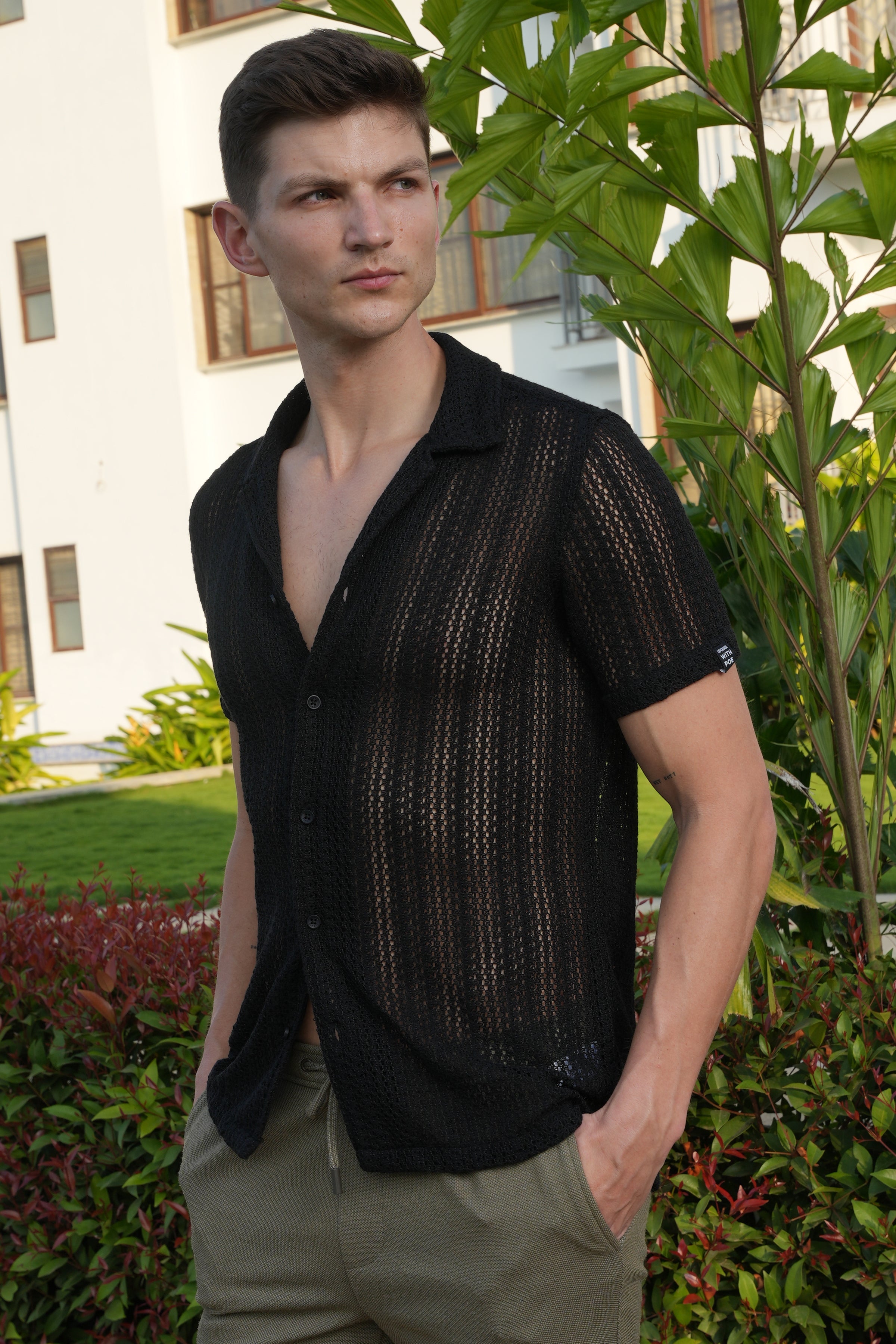 Men Angel Solid Crochet Shirt Black