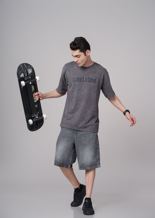 Men Grey Printed Cotton Oversized T-Shirt