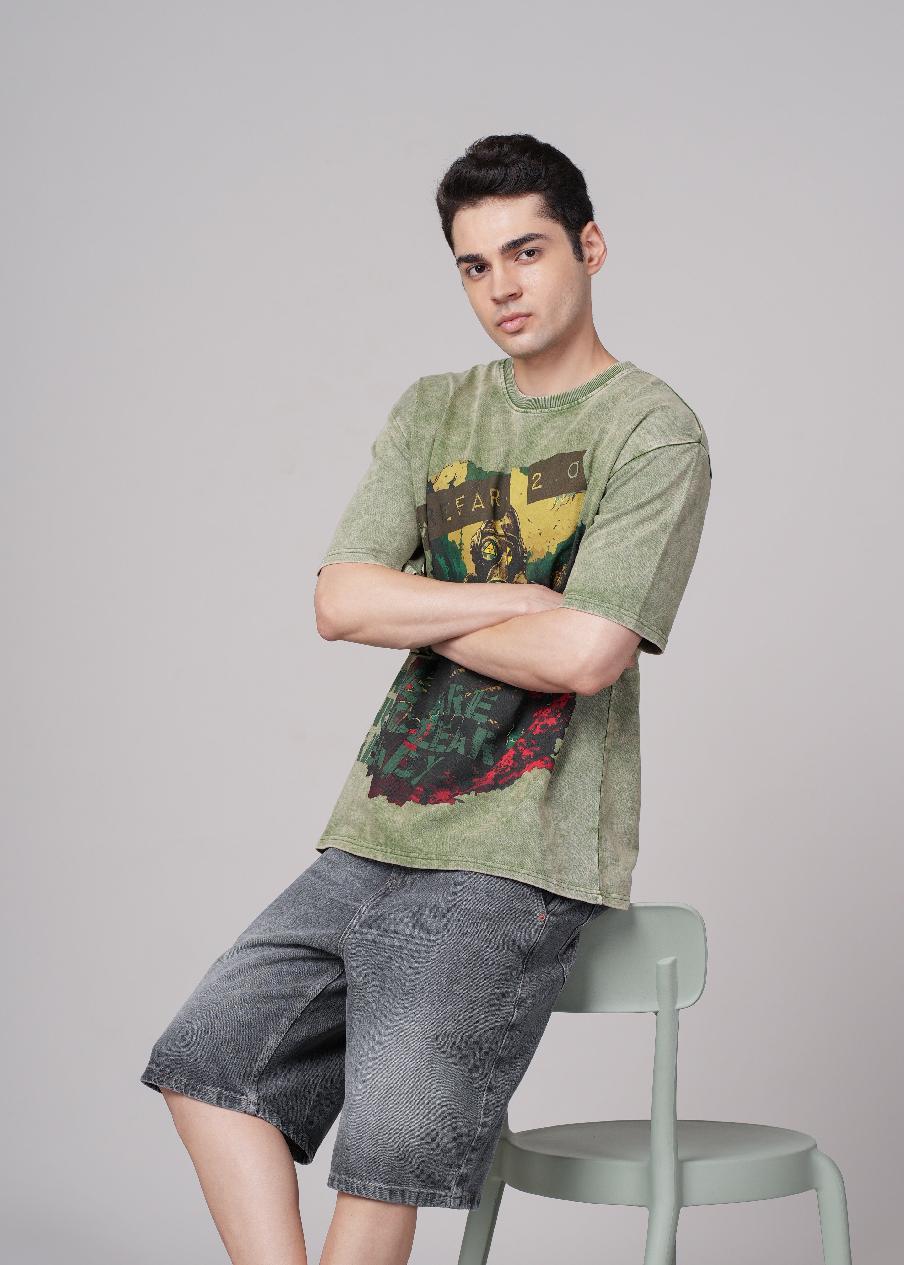 Mens Olive Graphic Cotton Oversized T-Shirt