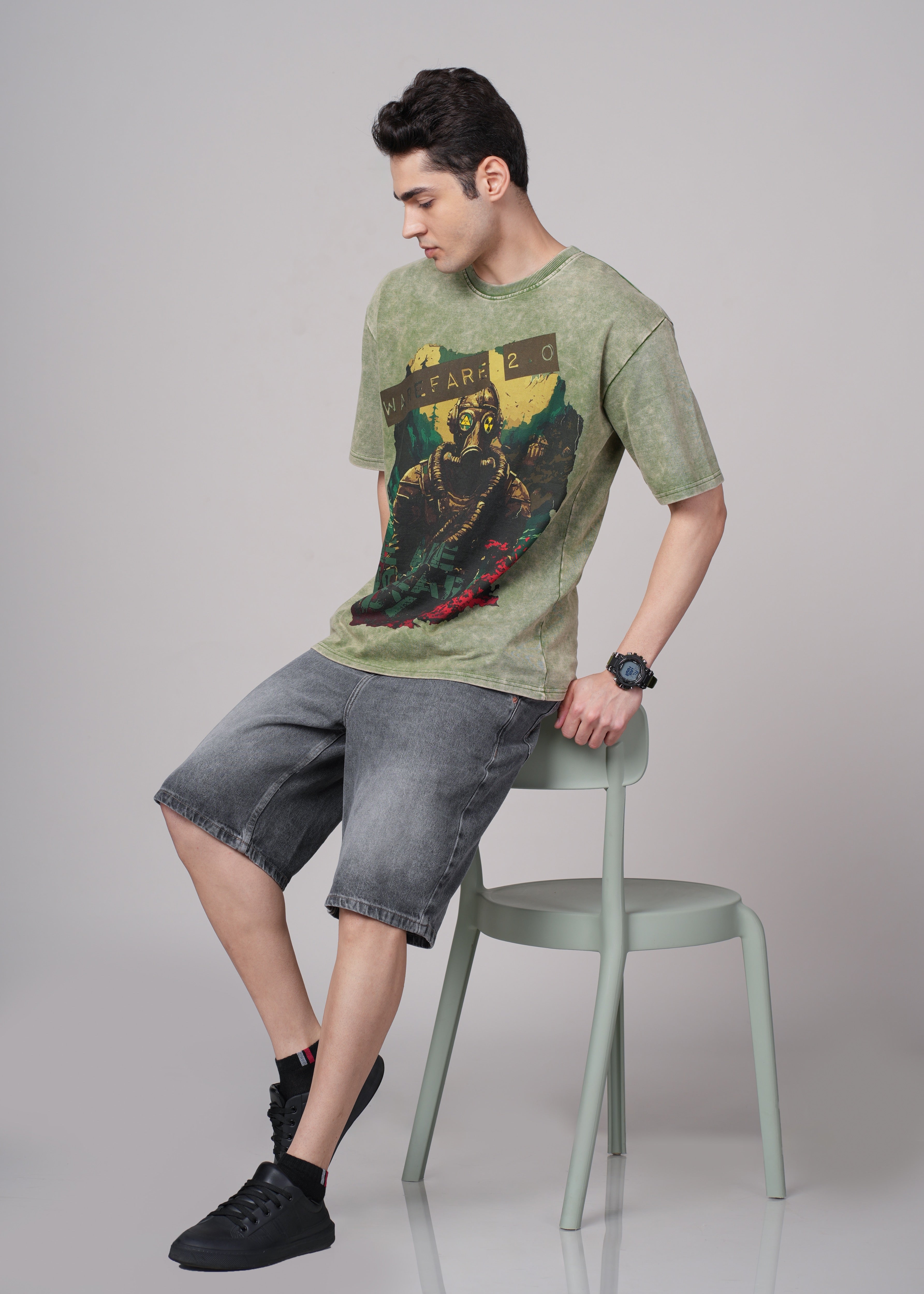 Mens Olive Graphic Cotton Oversized T-Shirt