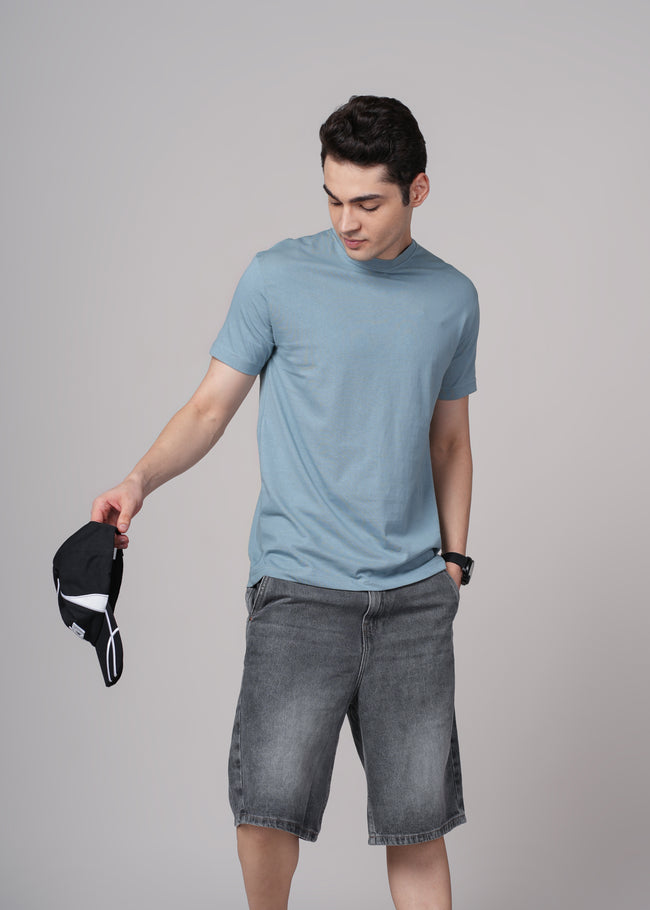 Mens Blue Cotton Regular T-Shirt