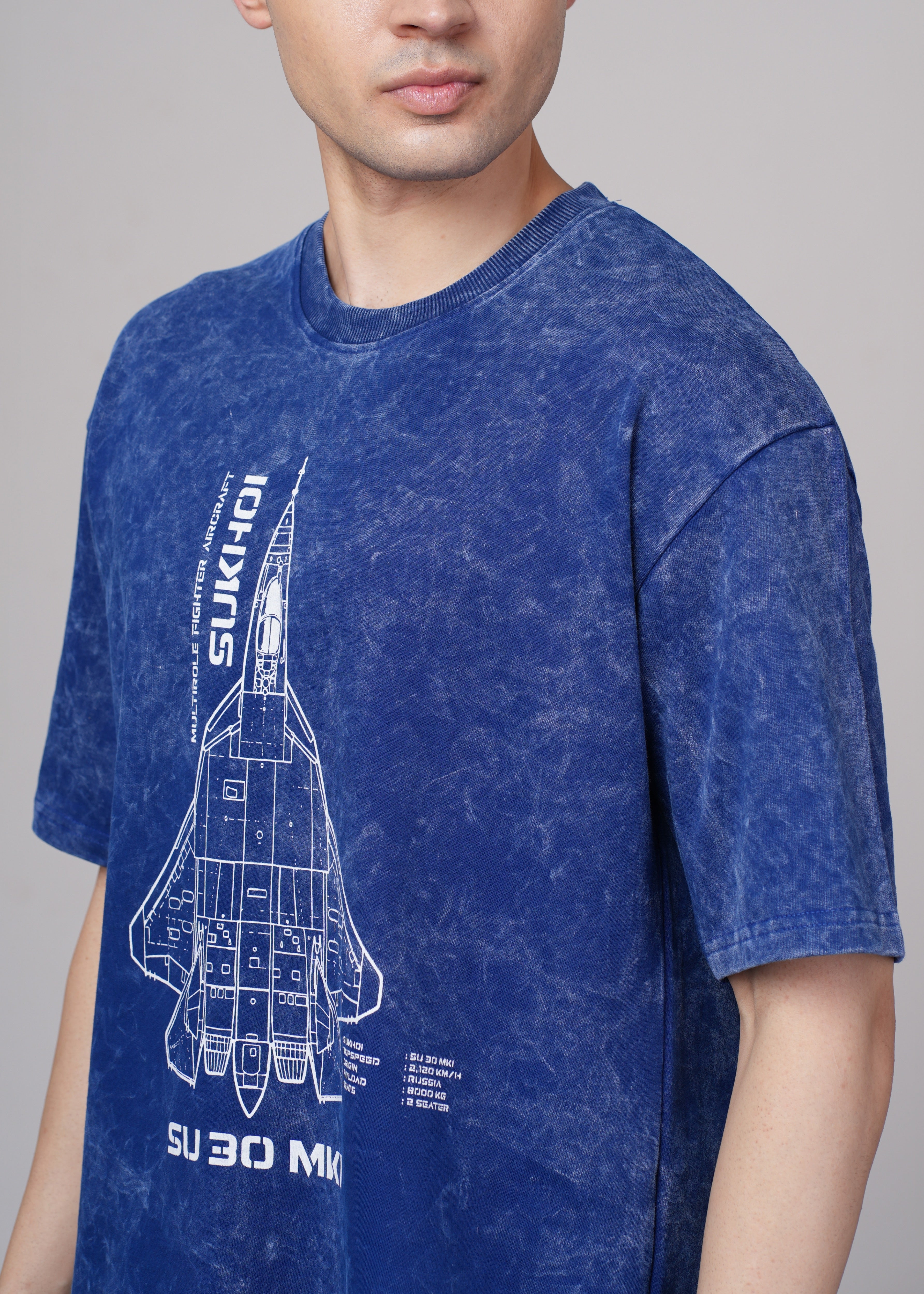 Mens Blue Graphic Cotton Oversized T-Shirt
