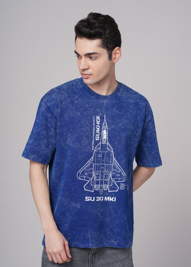 Mens Blue Graphic Cotton Oversized T-Shirt