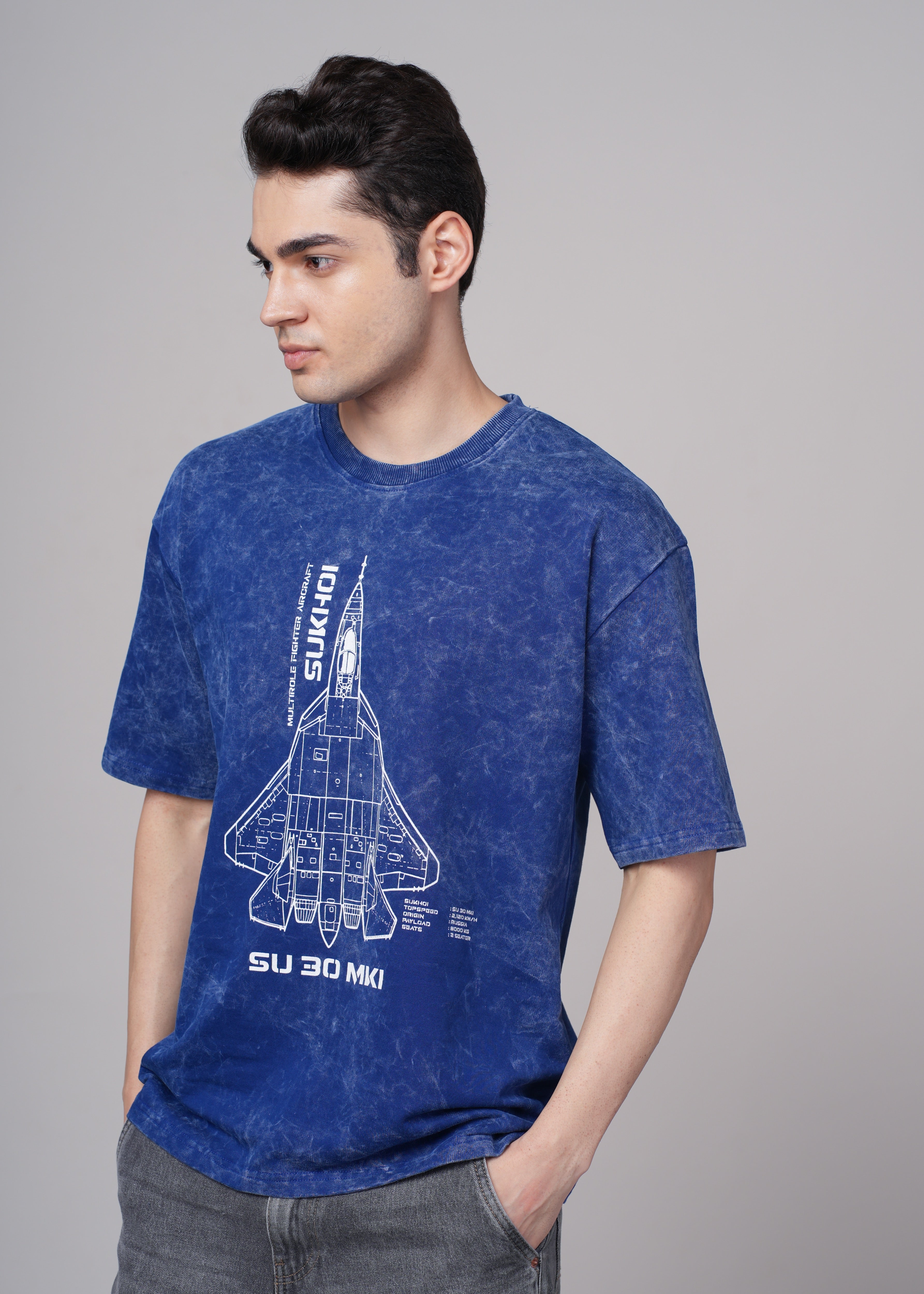 Mens Blue Graphic Cotton Oversized T-Shirt