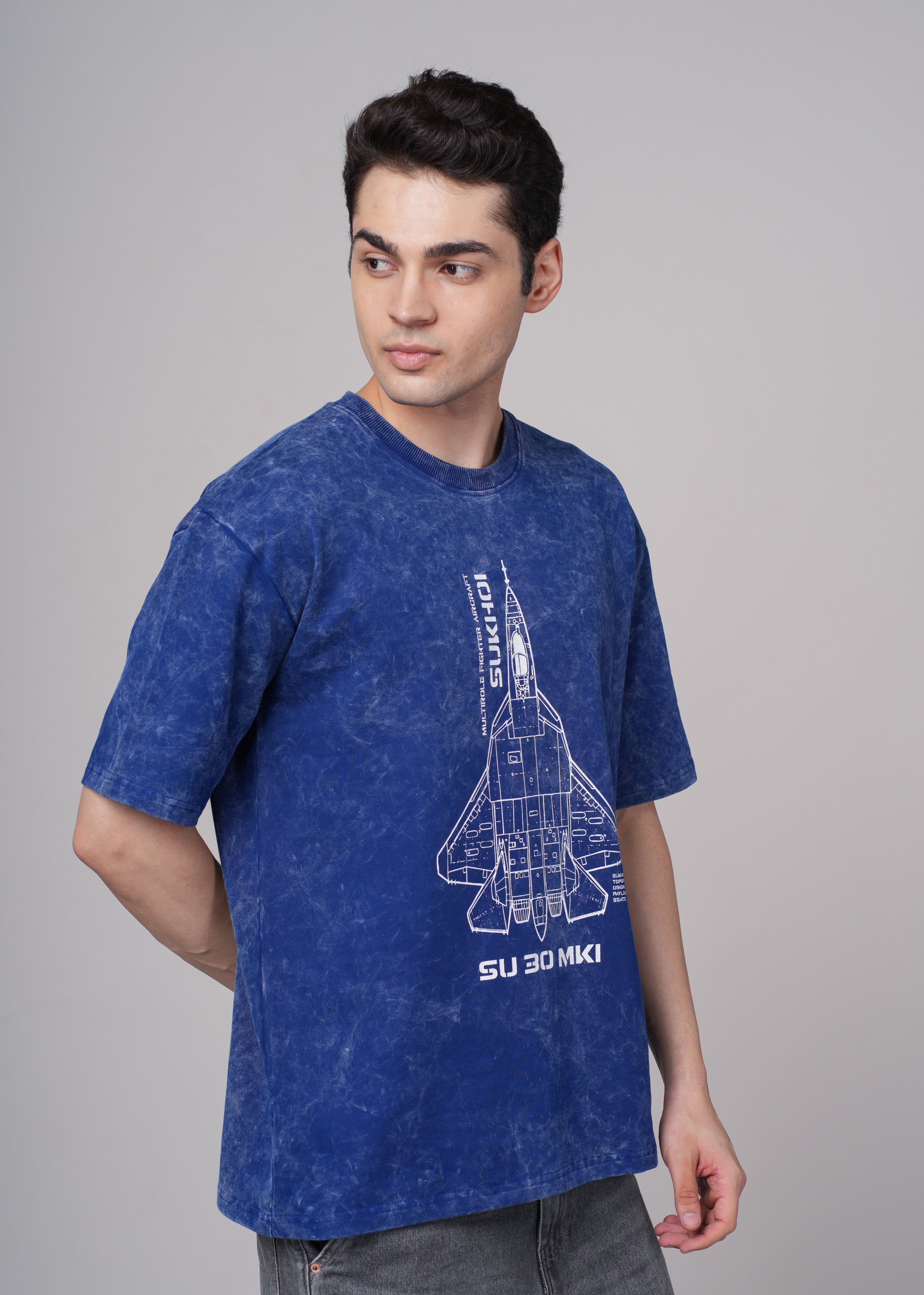Mens Blue Graphic Cotton Oversized T-Shirt