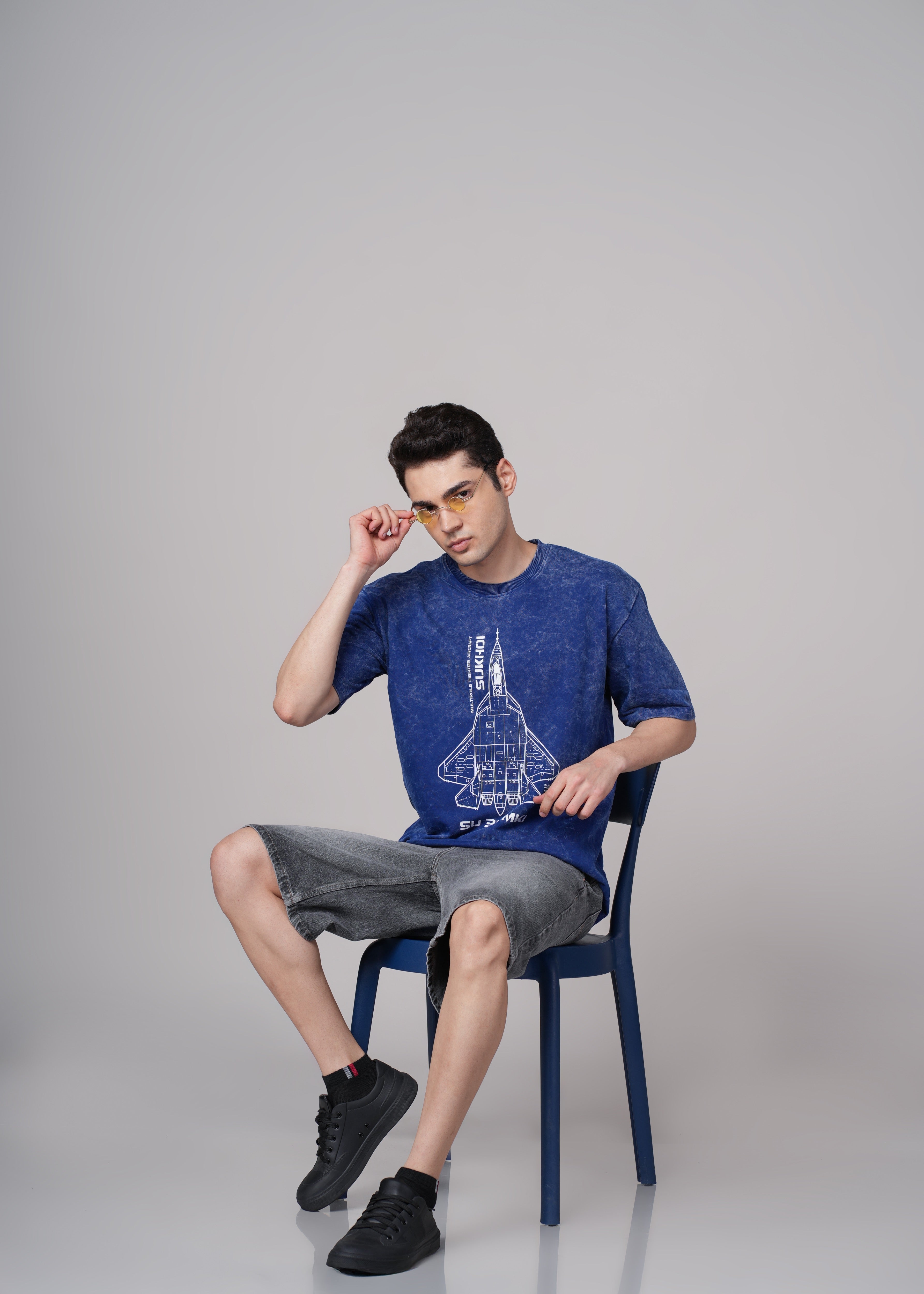 Mens Blue Graphic Cotton Oversized T-Shirt