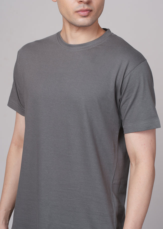 Mens Grey Cotton Regular T-Shirt