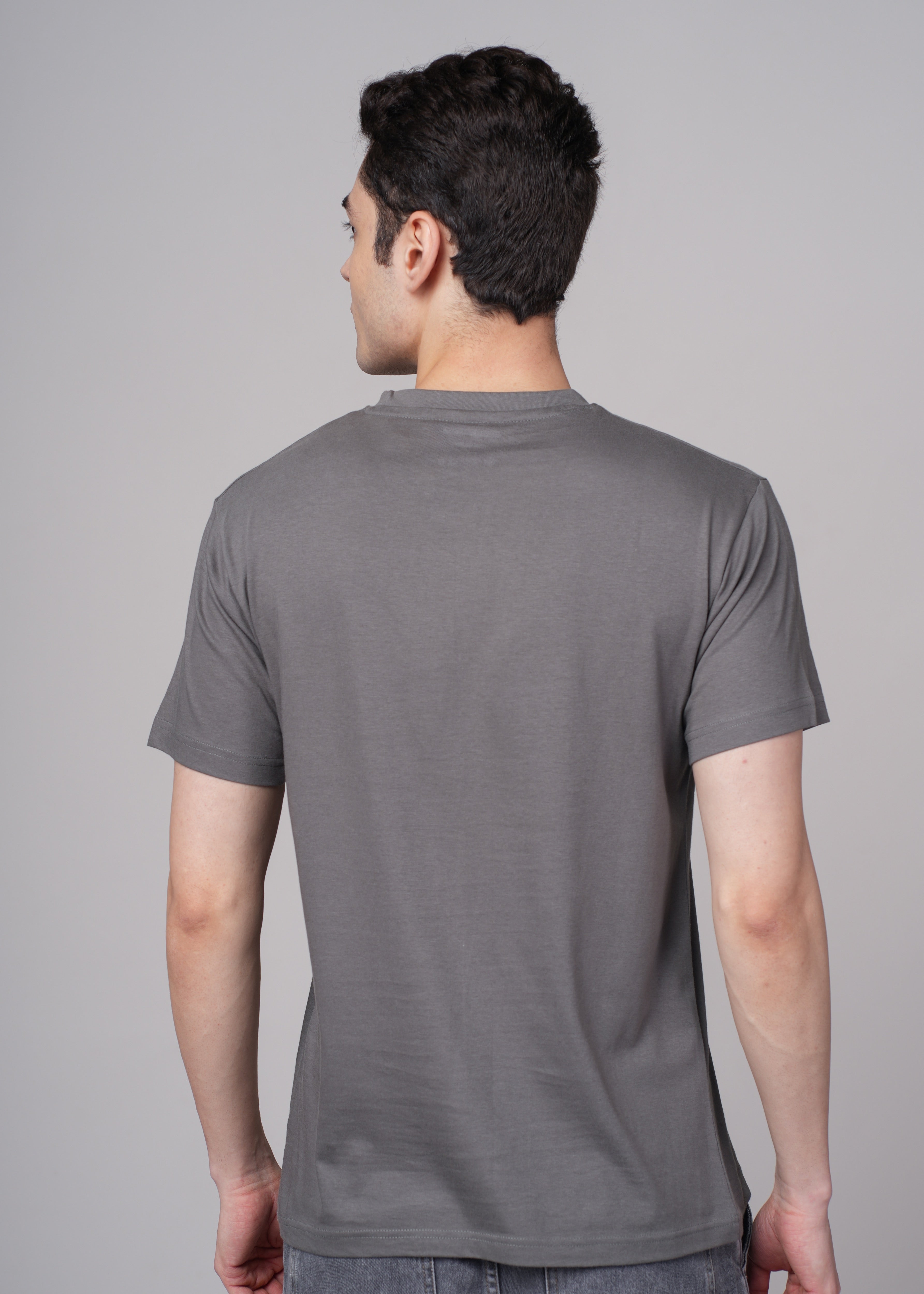 Mens Grey Cotton Regular T-Shirt