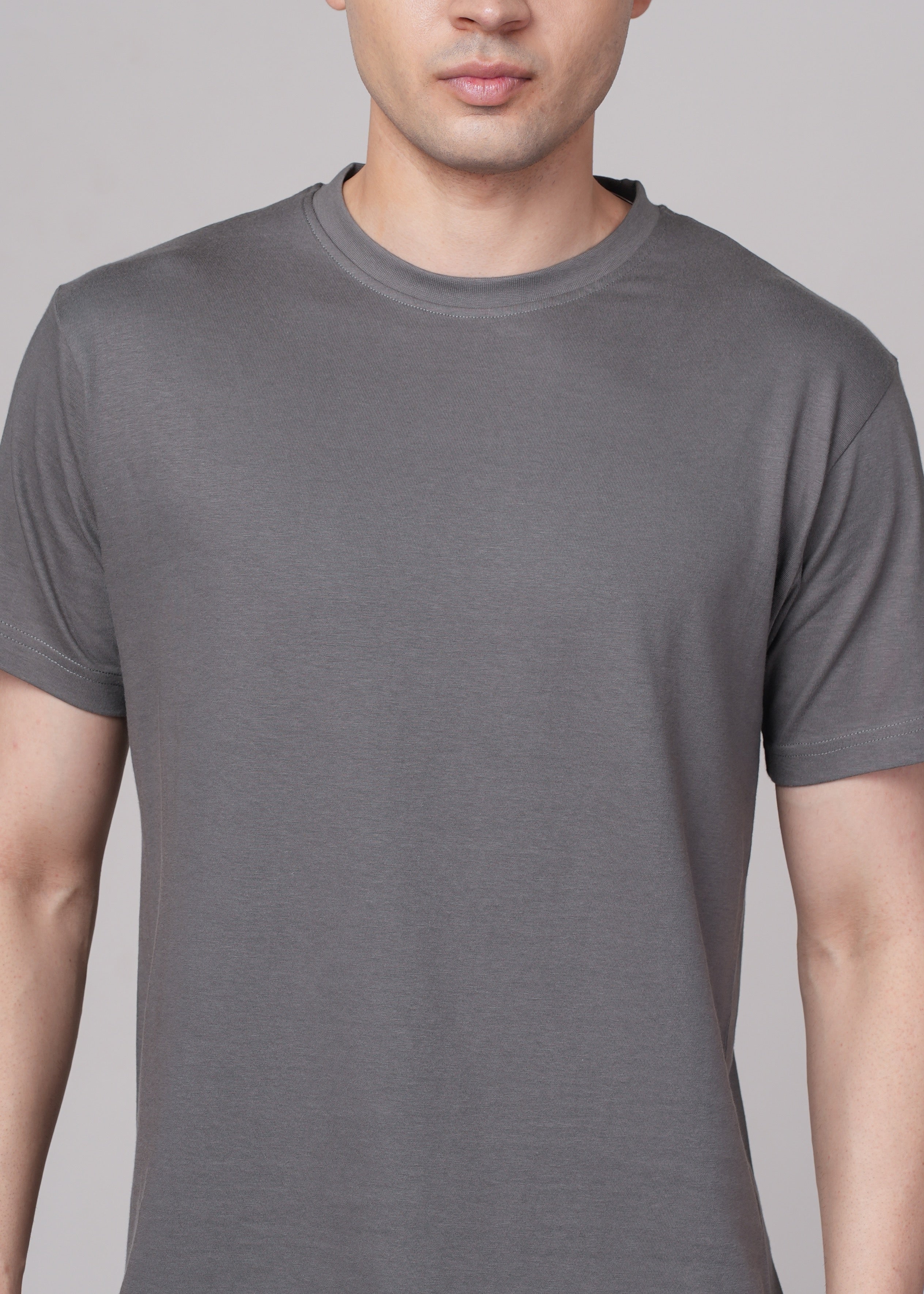 Mens Grey Cotton Regular T-Shirt