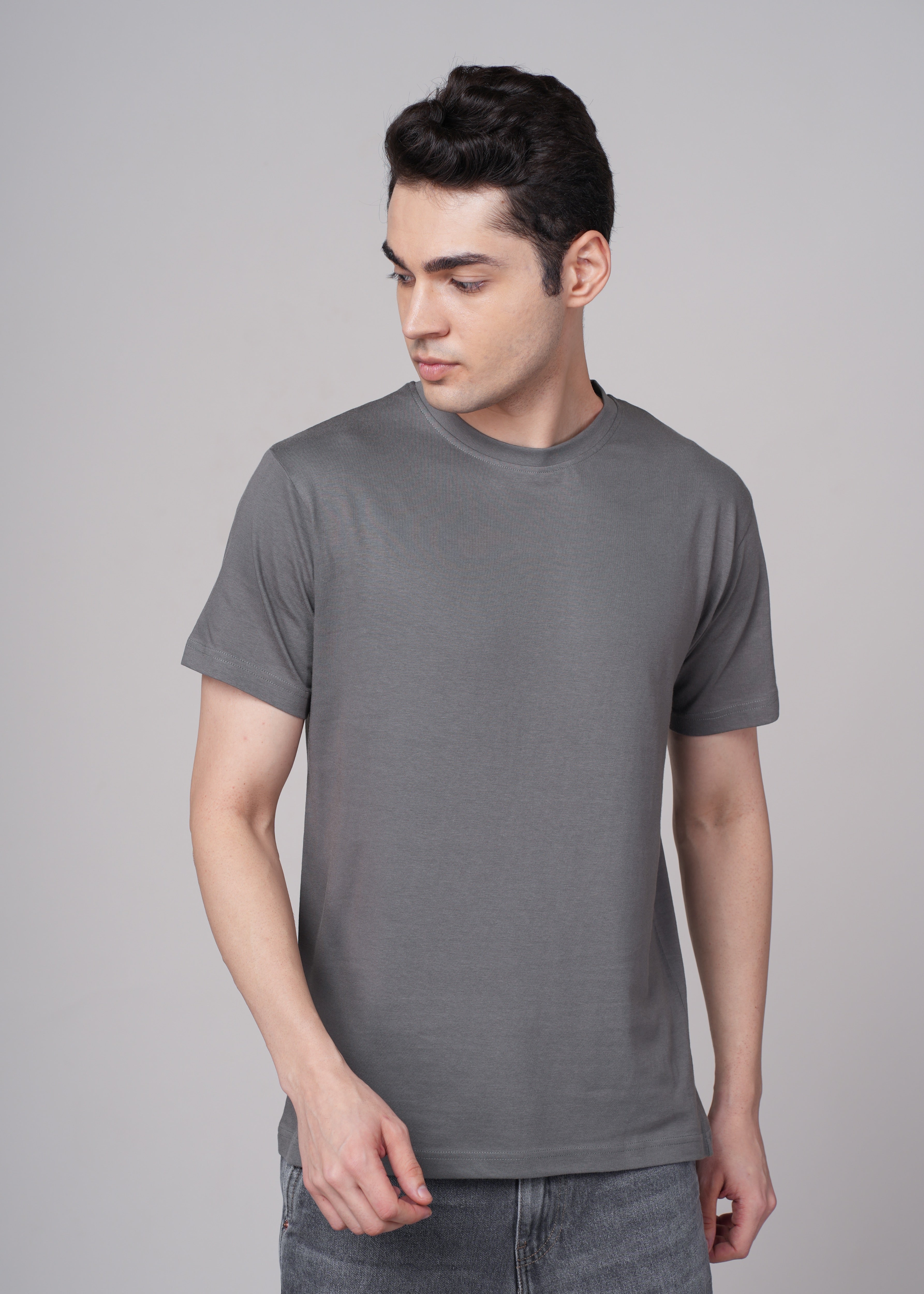 Mens Grey Cotton Regular T-Shirt