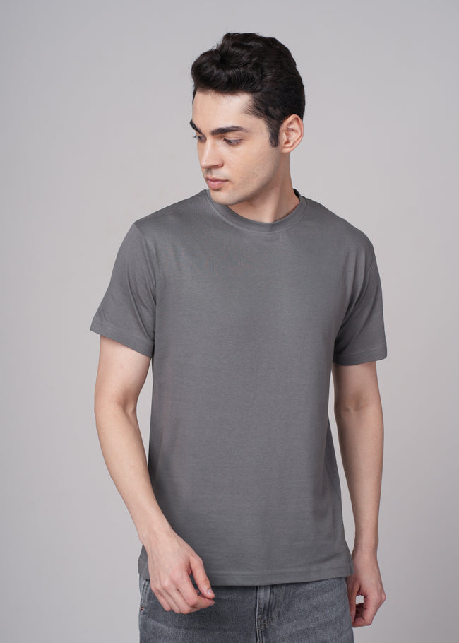Mens Grey Cotton Regular T-Shirt