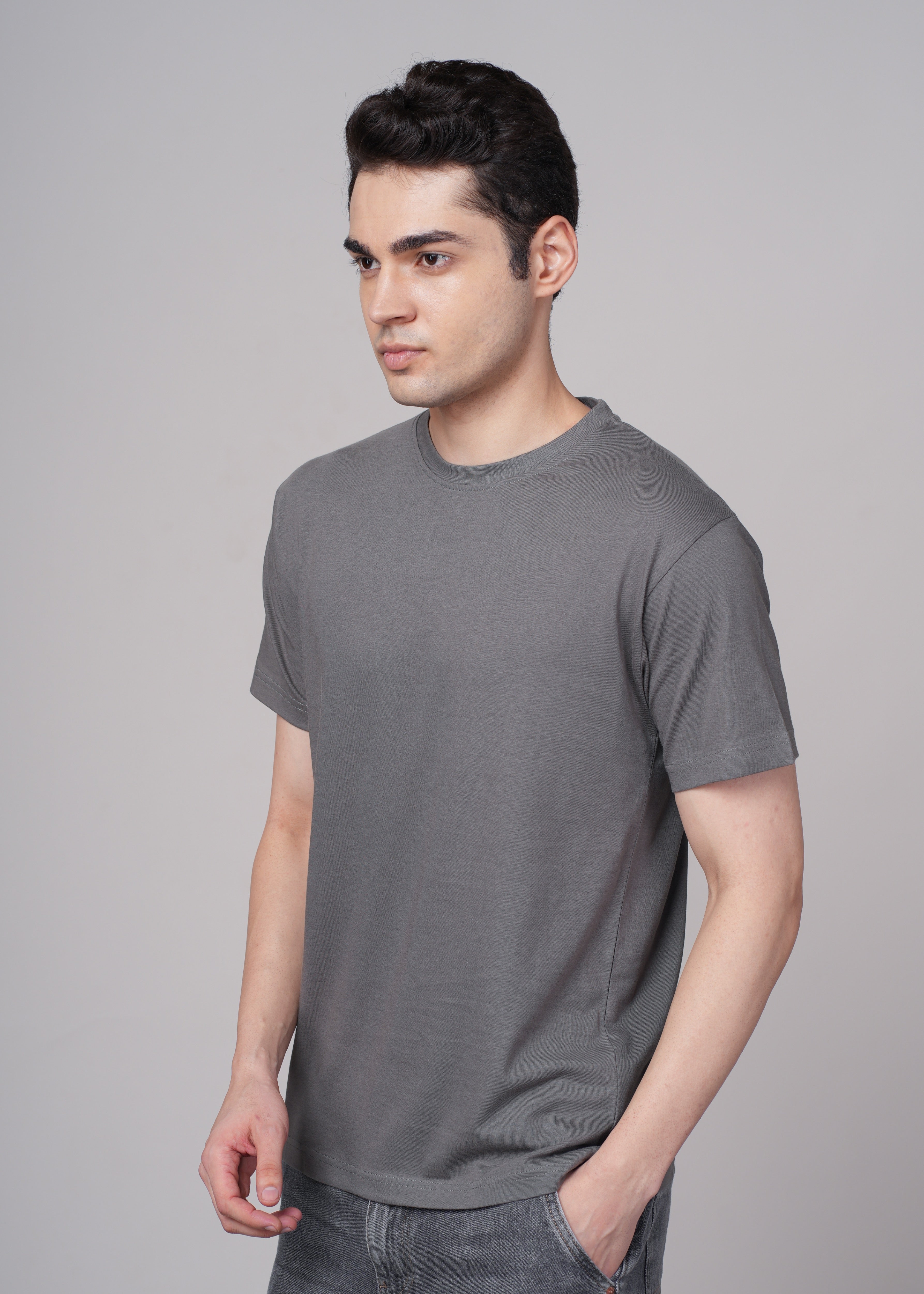 Mens Grey Cotton Regular T-Shirt