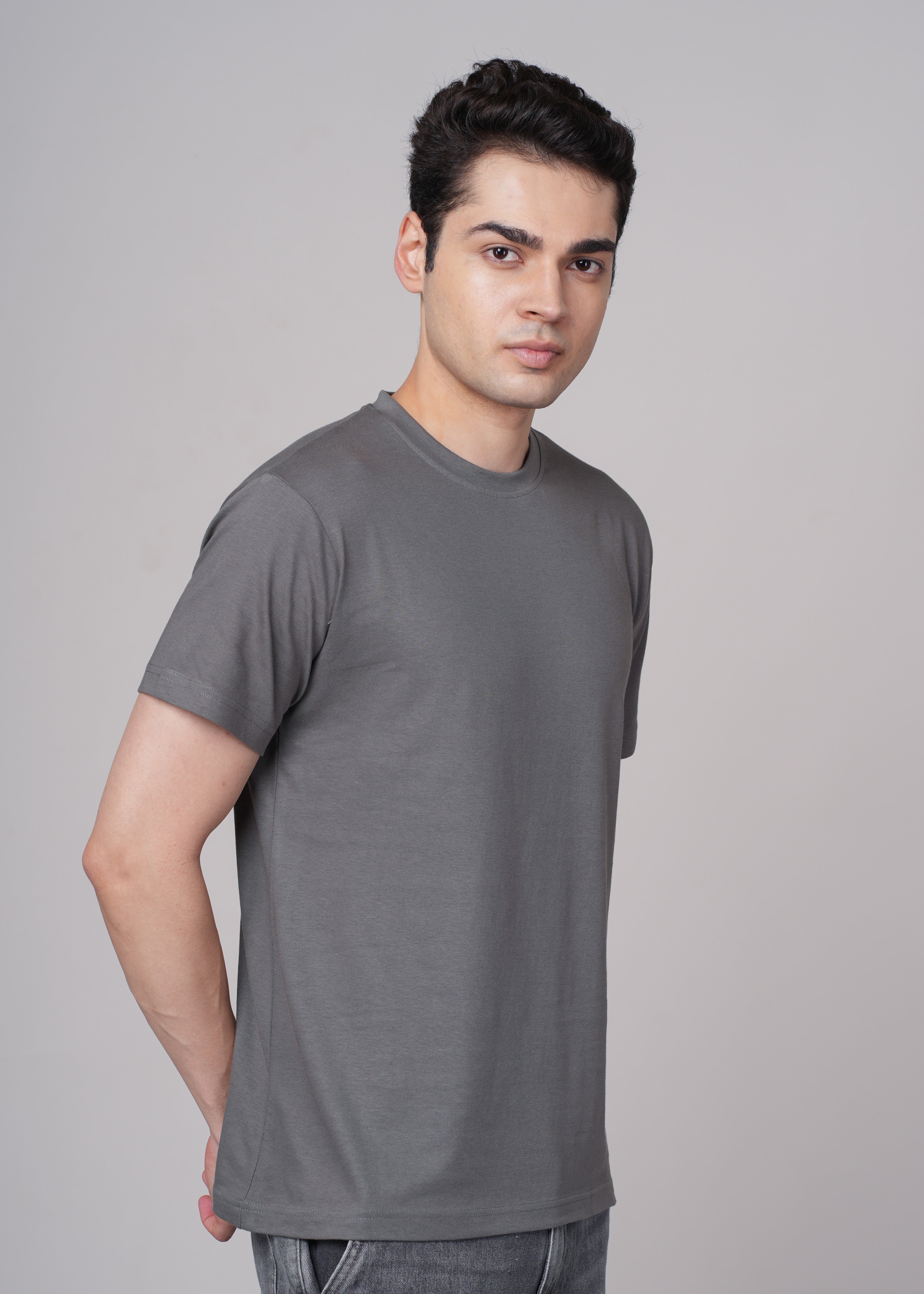 Mens Grey Cotton Regular T-Shirt