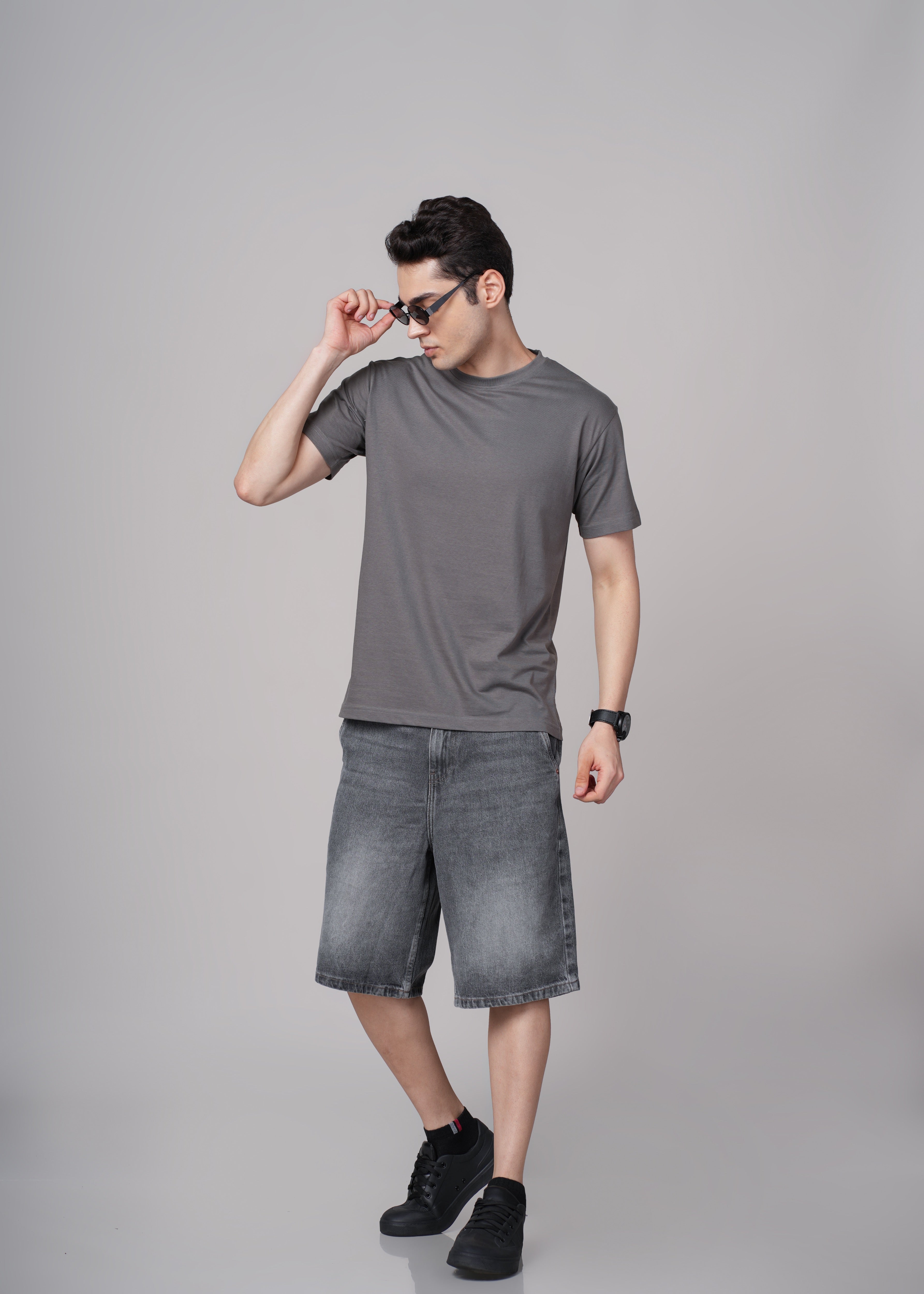 Mens Grey Cotton Regular T-Shirt