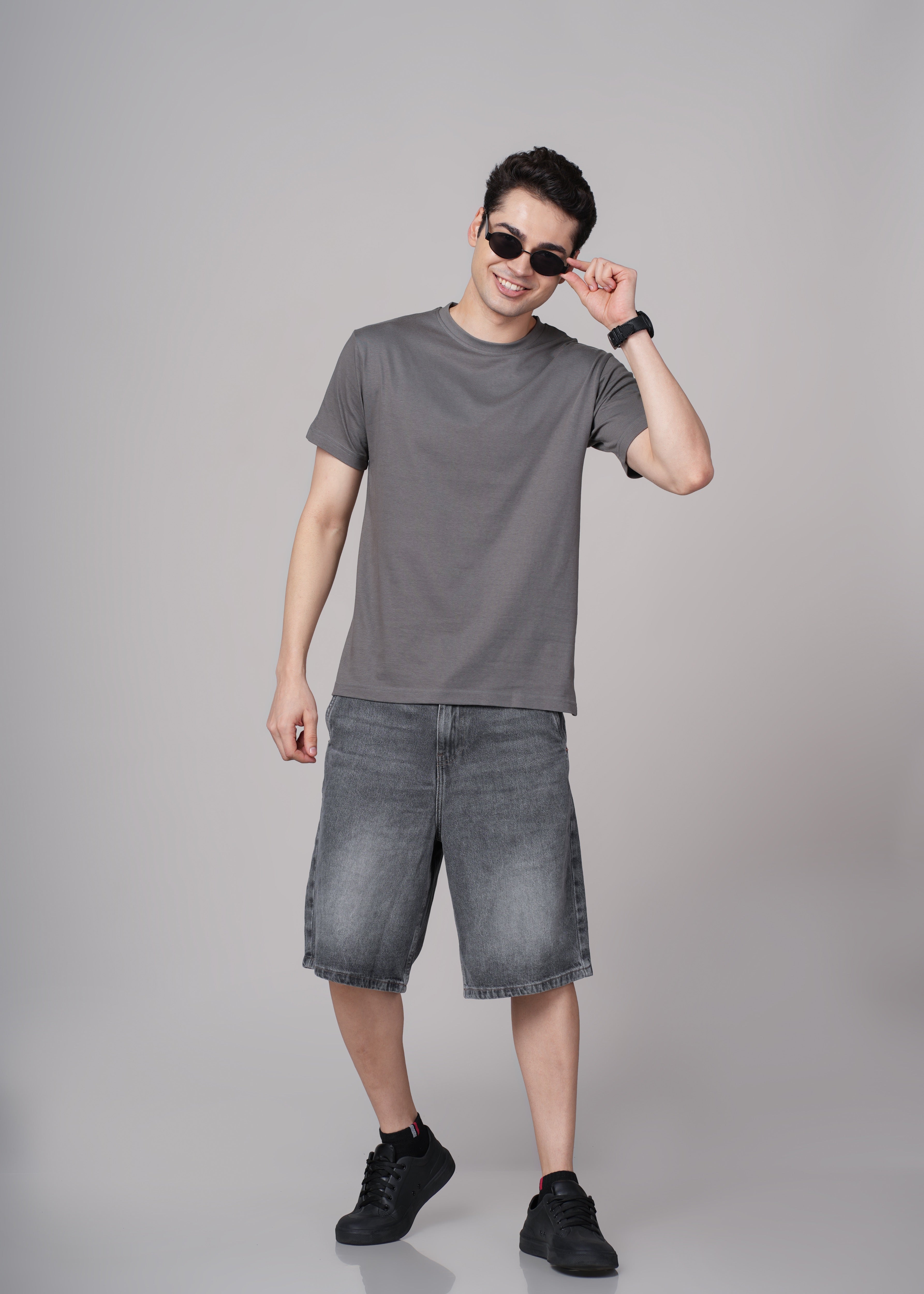 Mens Grey Cotton Regular T-Shirt
