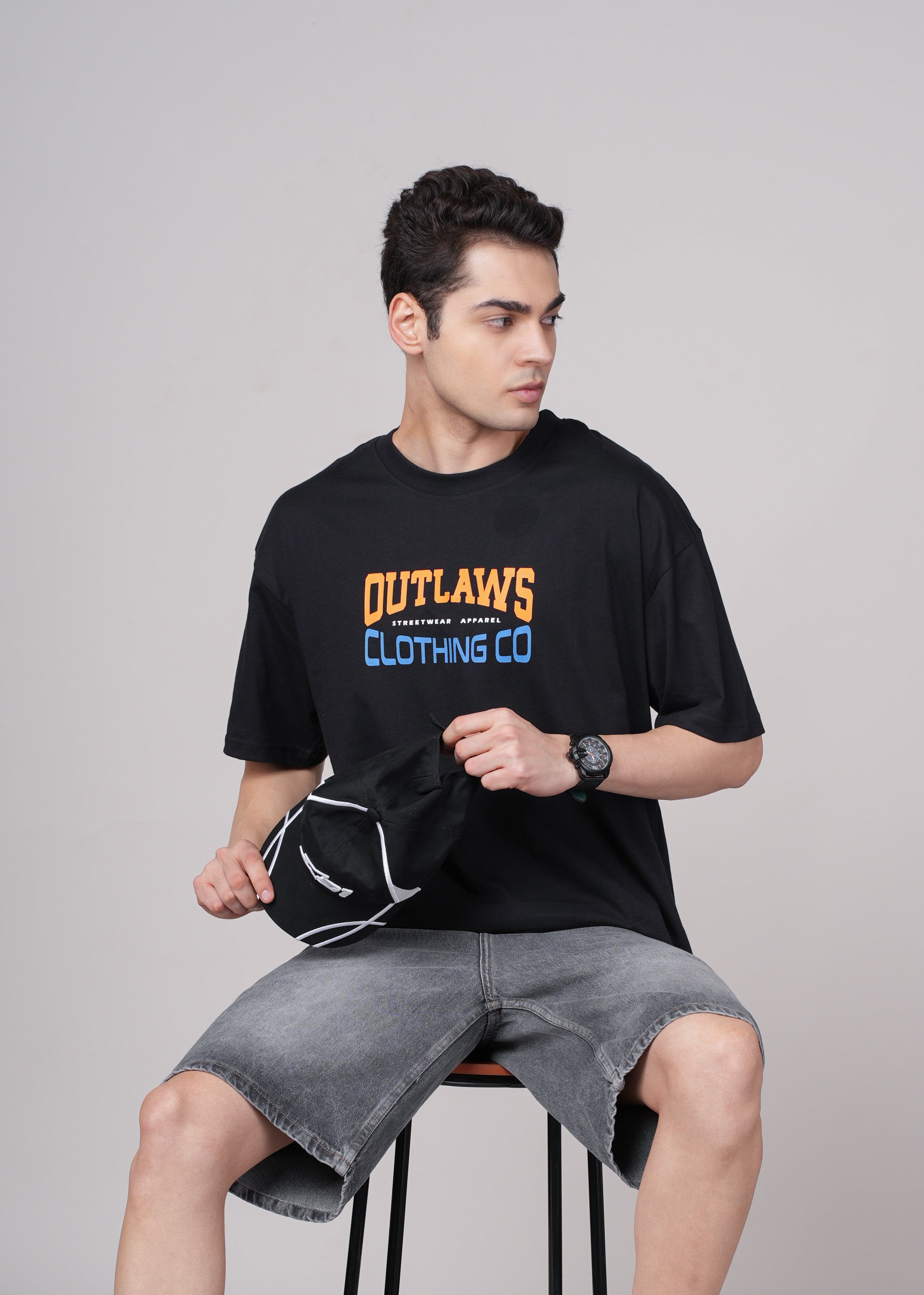 Men Black Printed Cotton Oversized T-Shirt