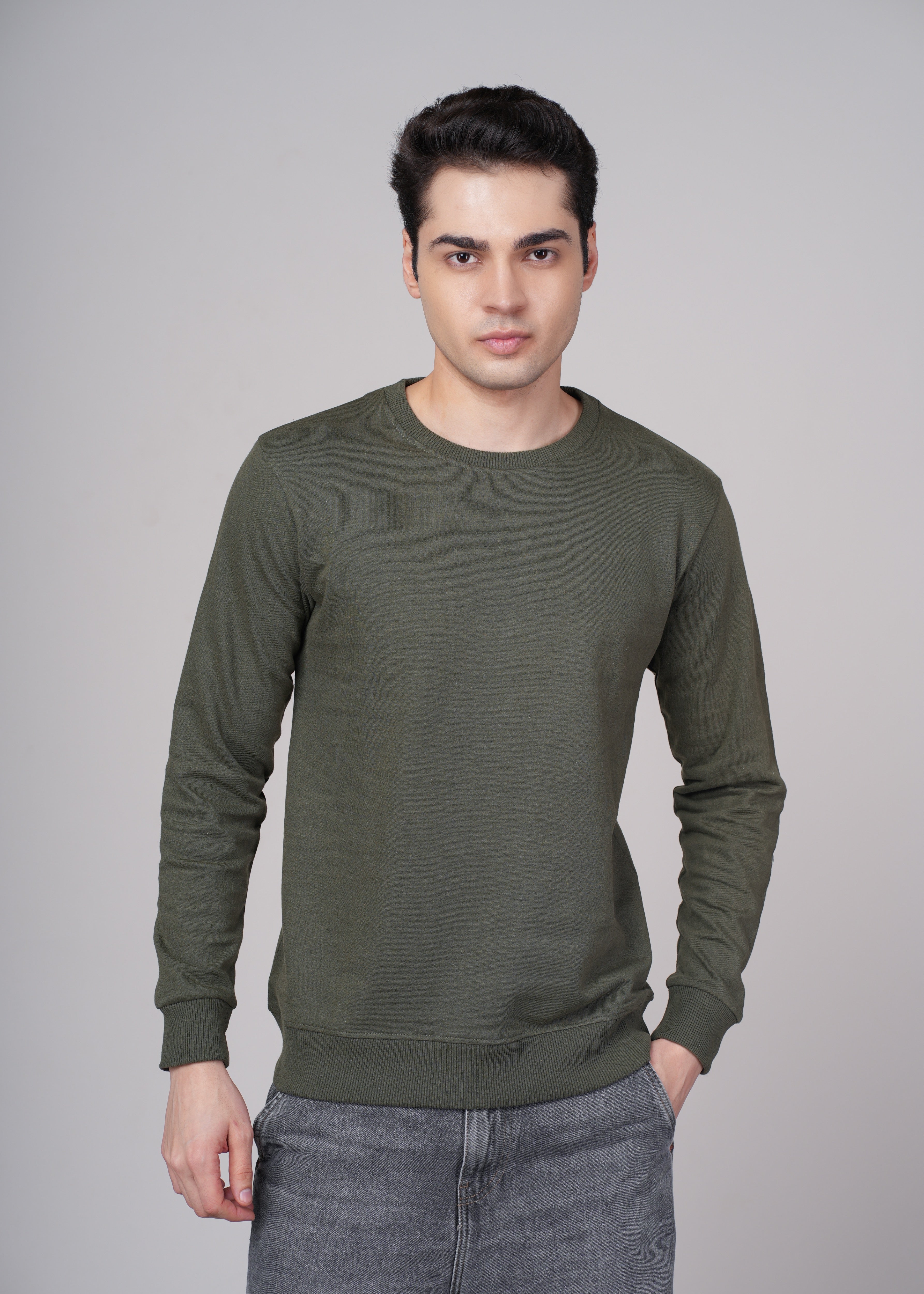 Men Olive Cotton Regular Sweatshirt
