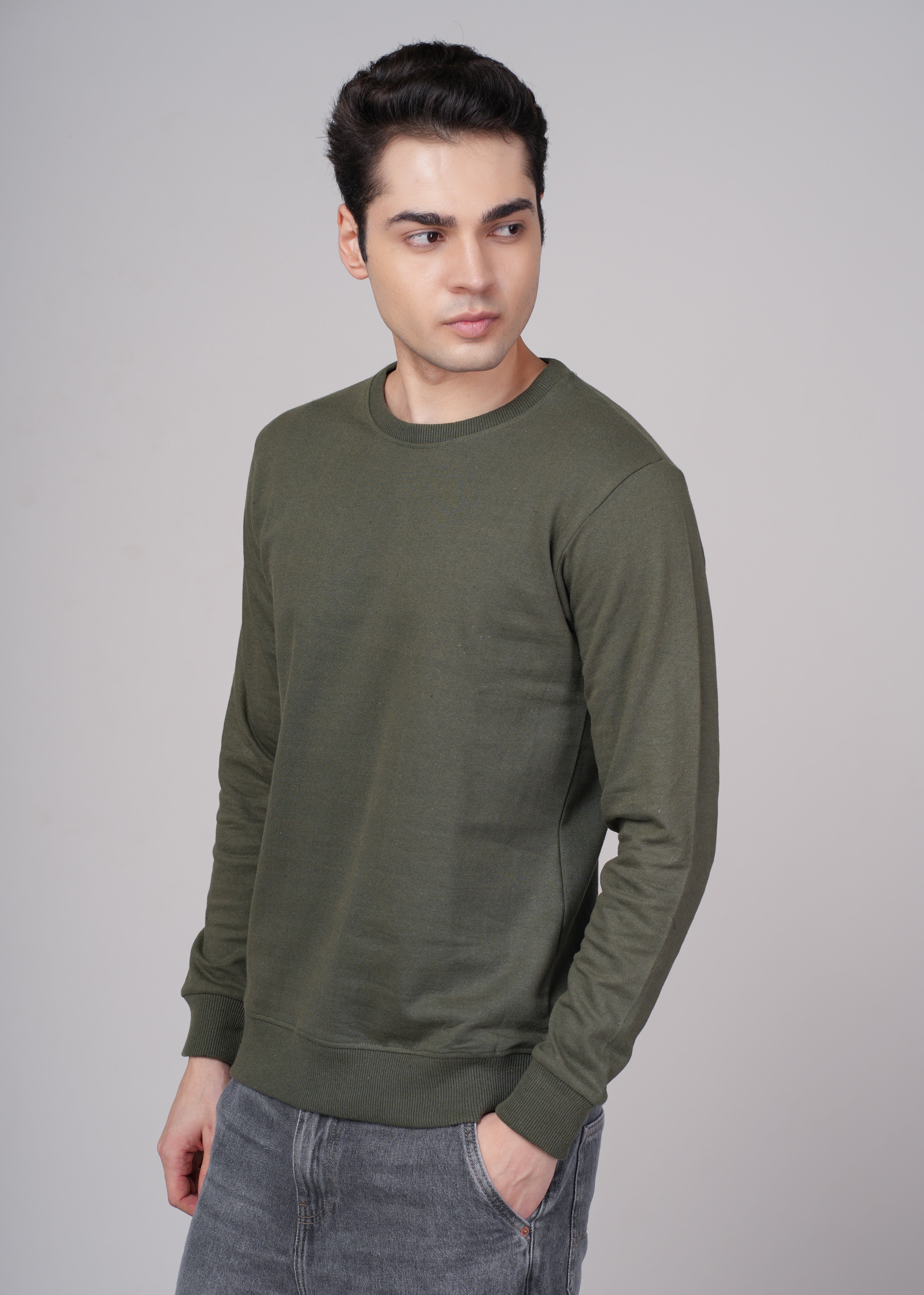 Men Olive Cotton Regular Sweatshirt