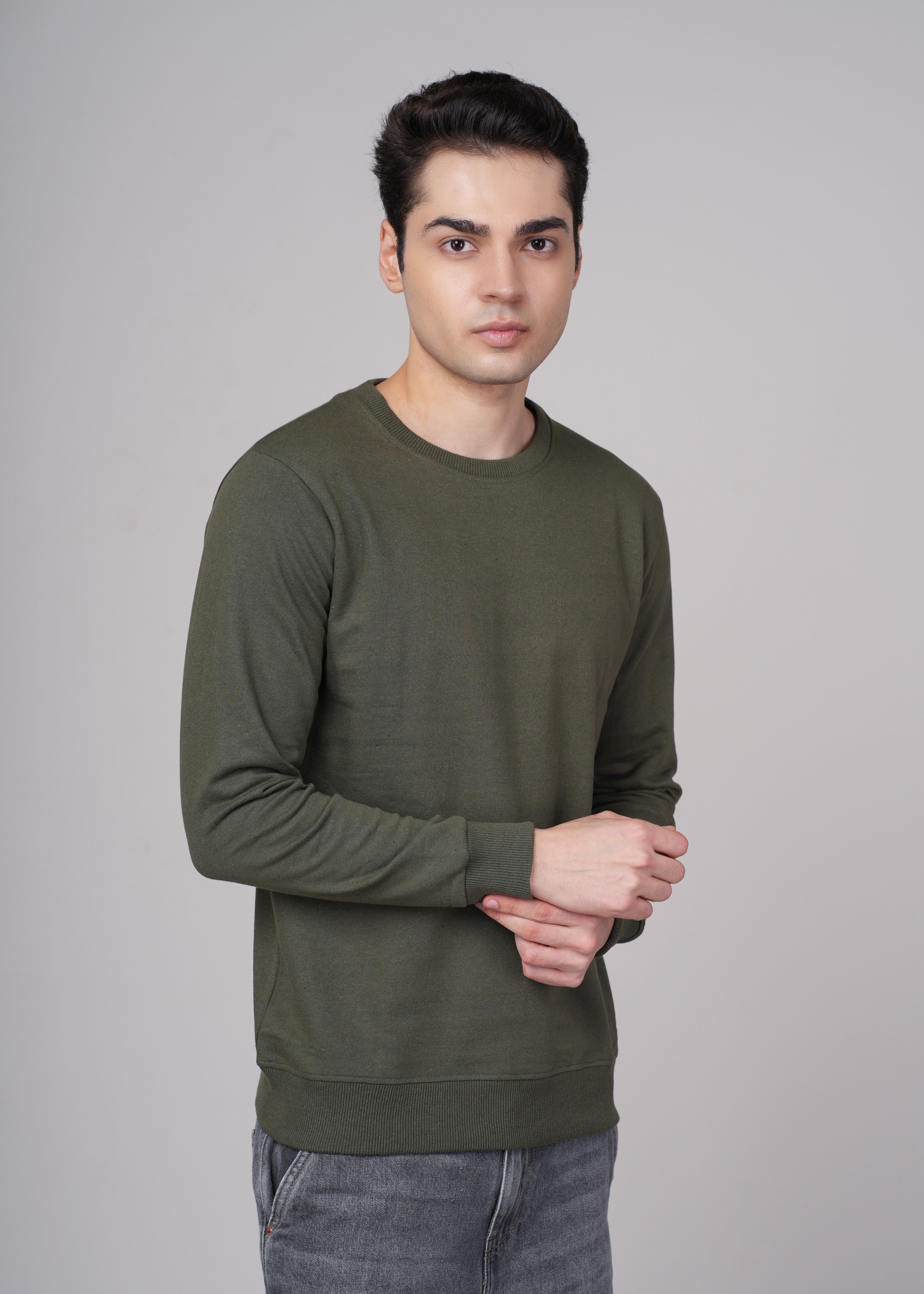 Men Olive Cotton Regular Sweatshirt