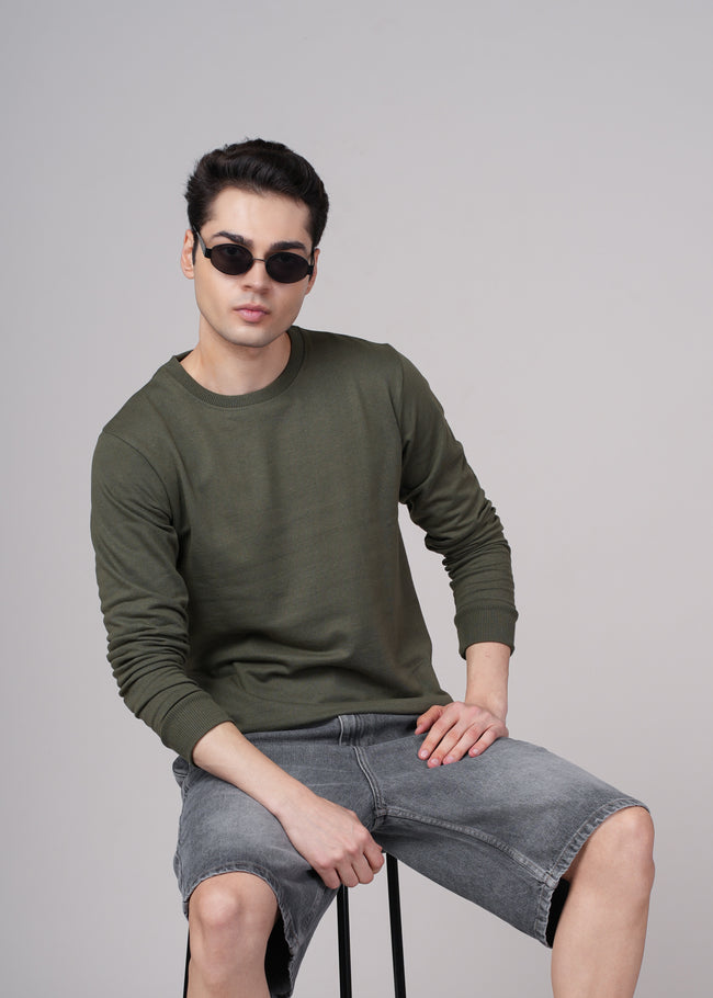 Men Olive Cotton Regular Sweatshirt