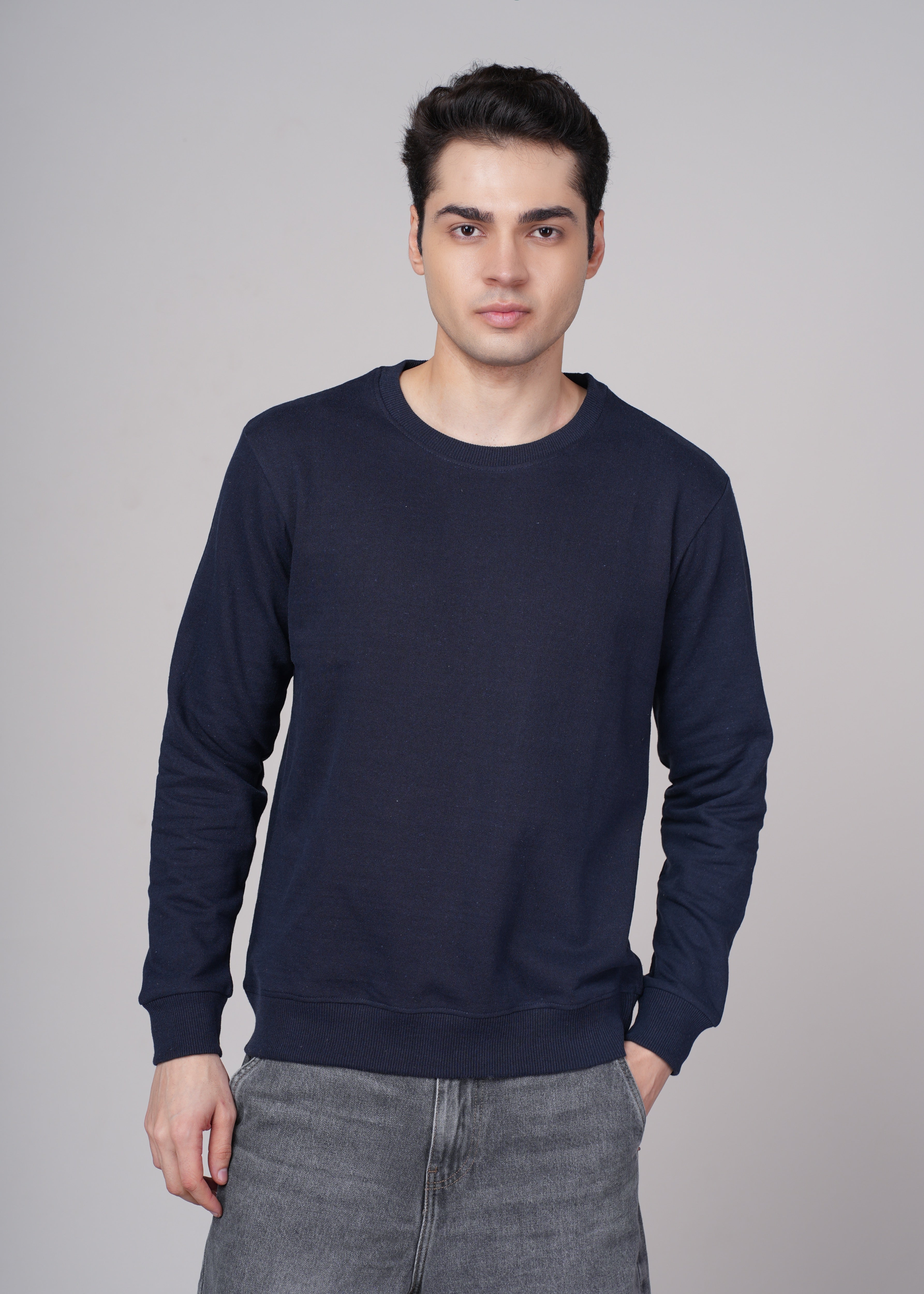 Men Navy Blue Cotton Regular Sweatshirt