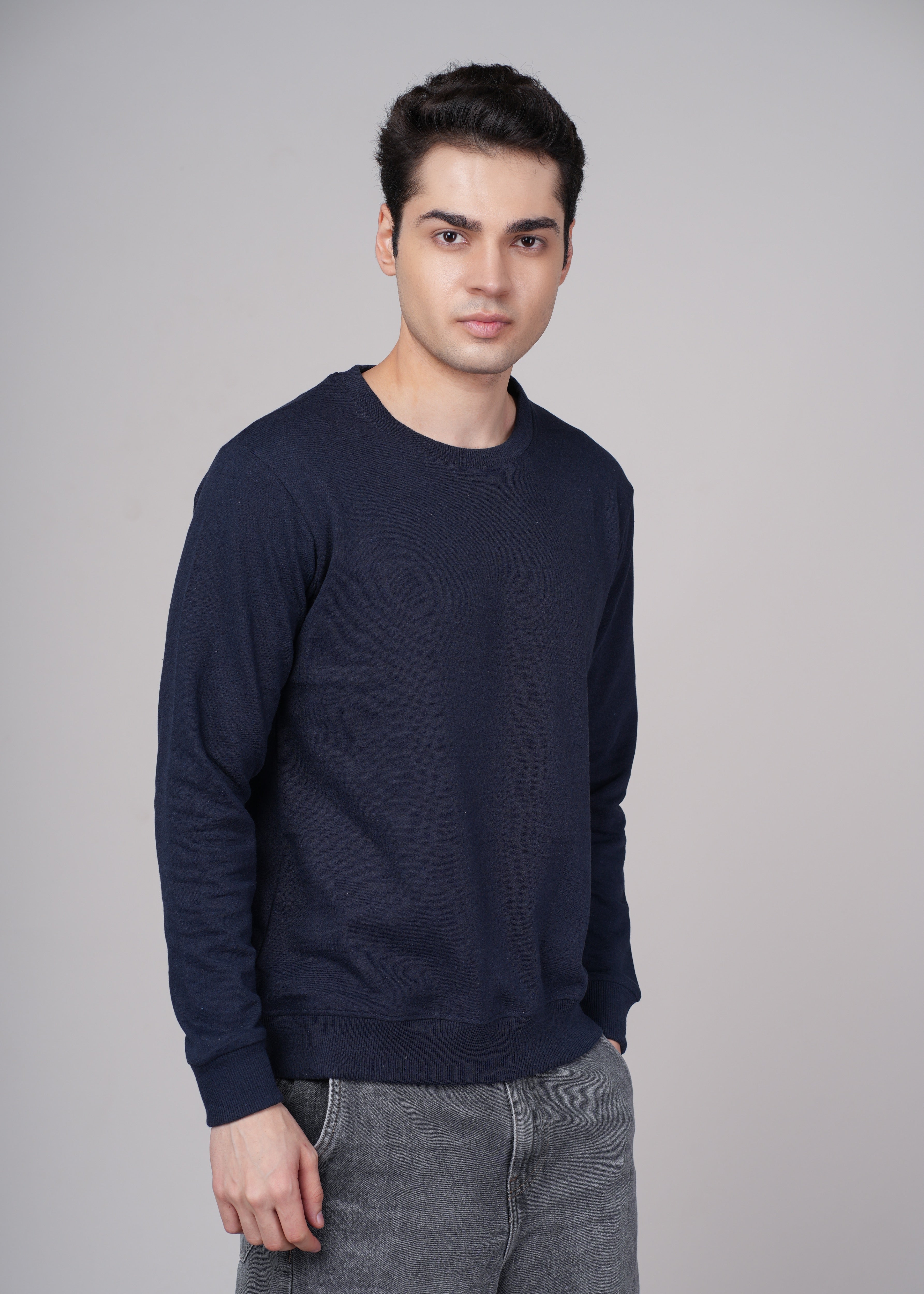 Men Navy Blue Cotton Regular Sweatshirt