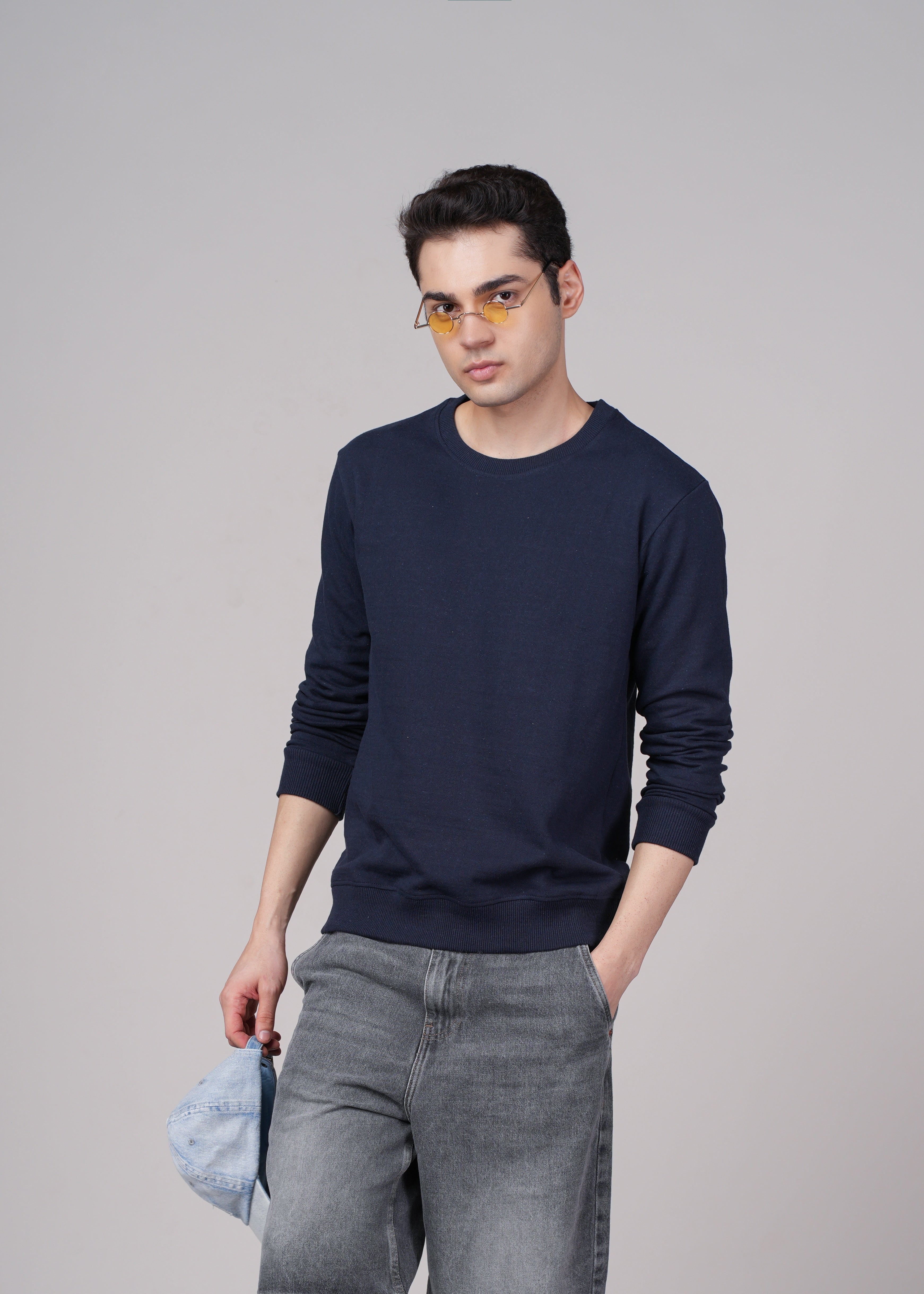 Men Navy Blue Cotton Regular Sweatshirt