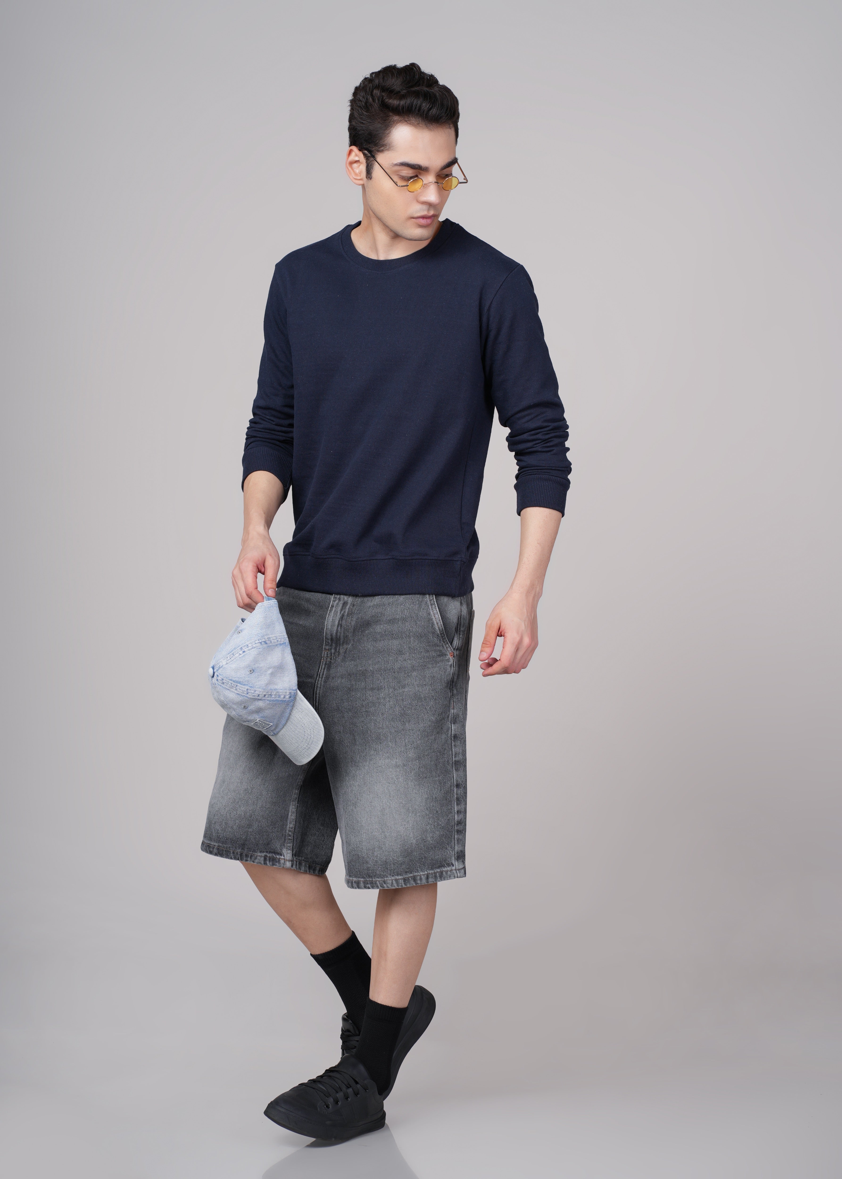Men Navy Blue Cotton Regular Sweatshirt
