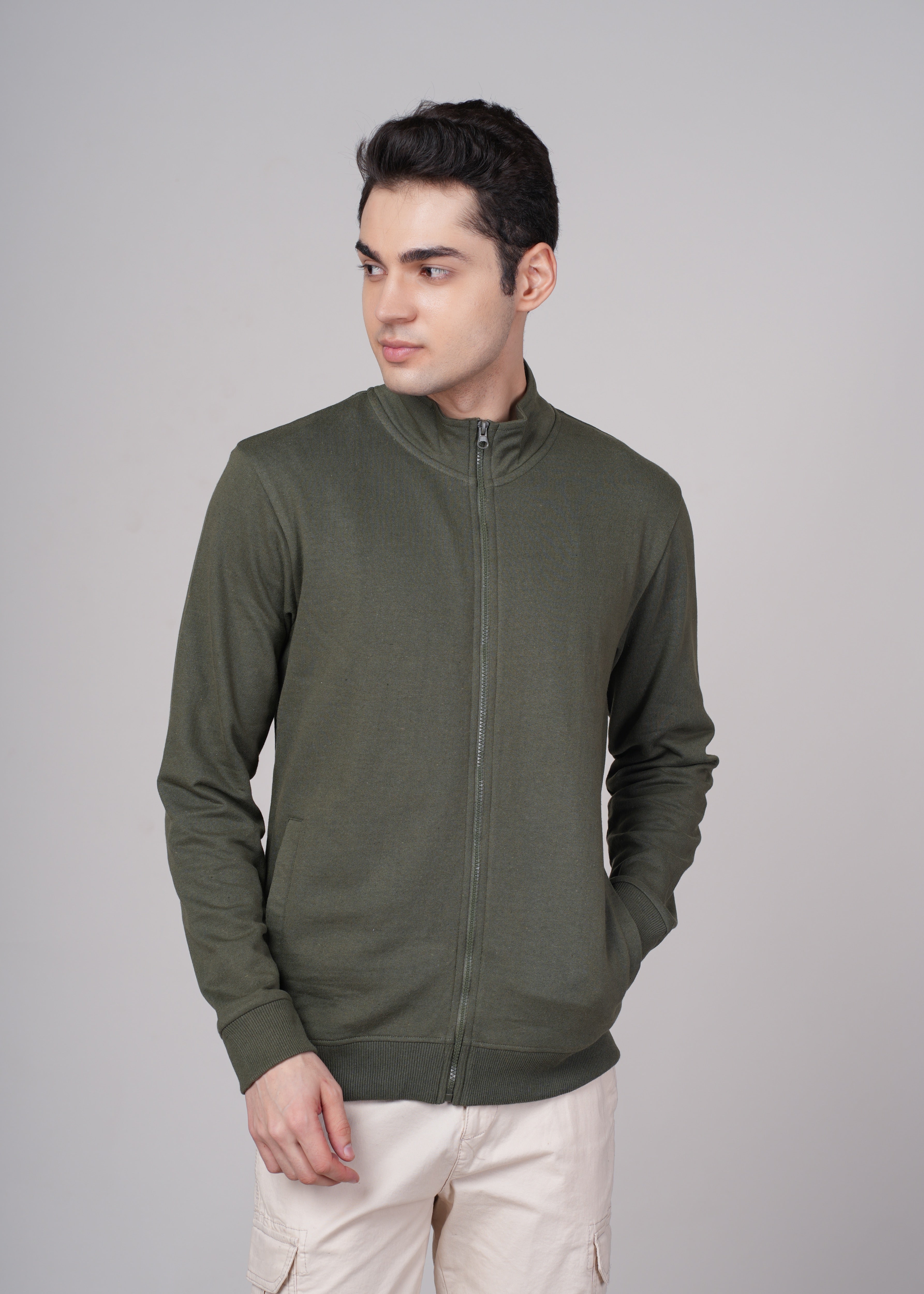 Men Olive Cotton Regular Jacket