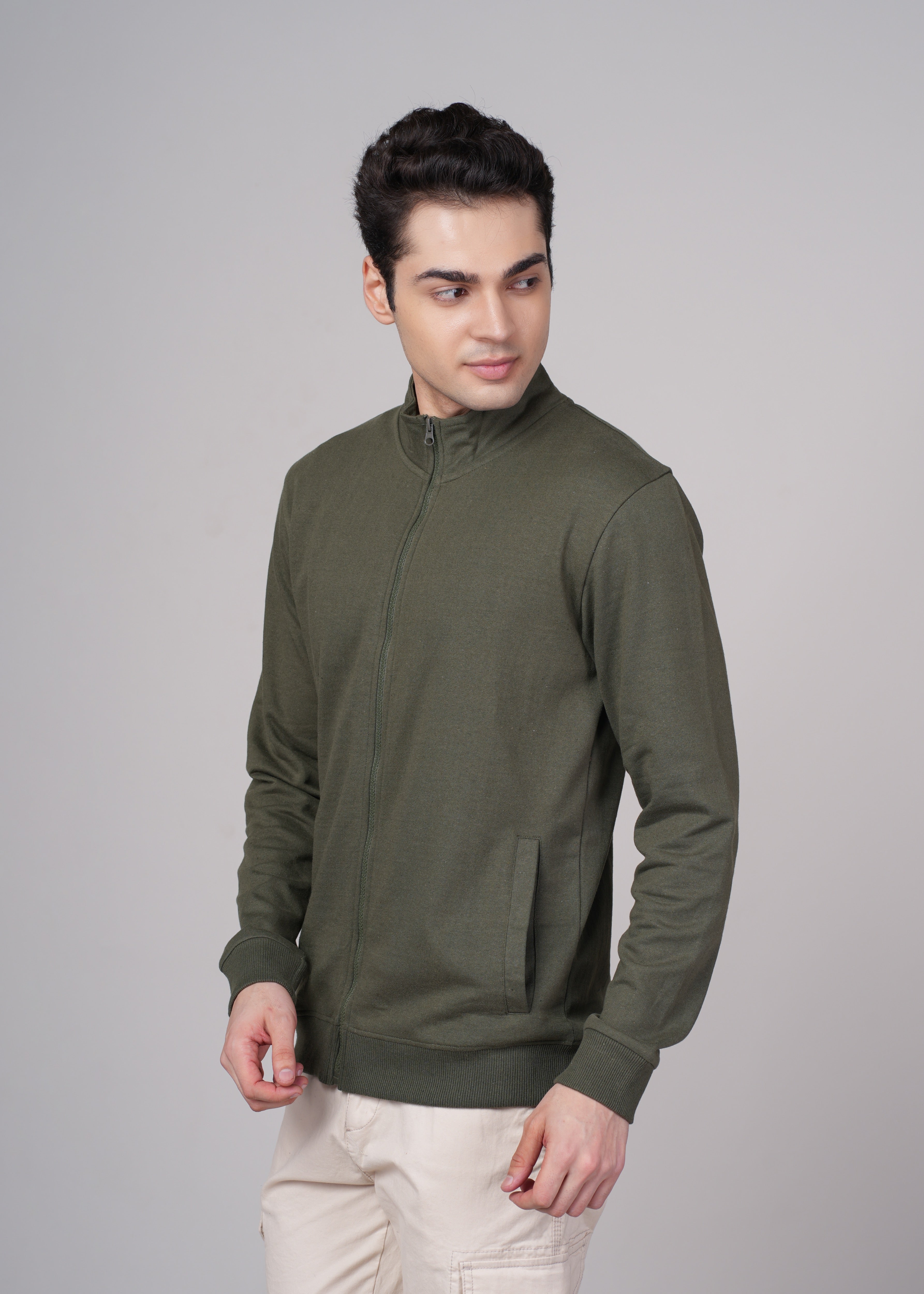 Men Olive Cotton Regular Jacket