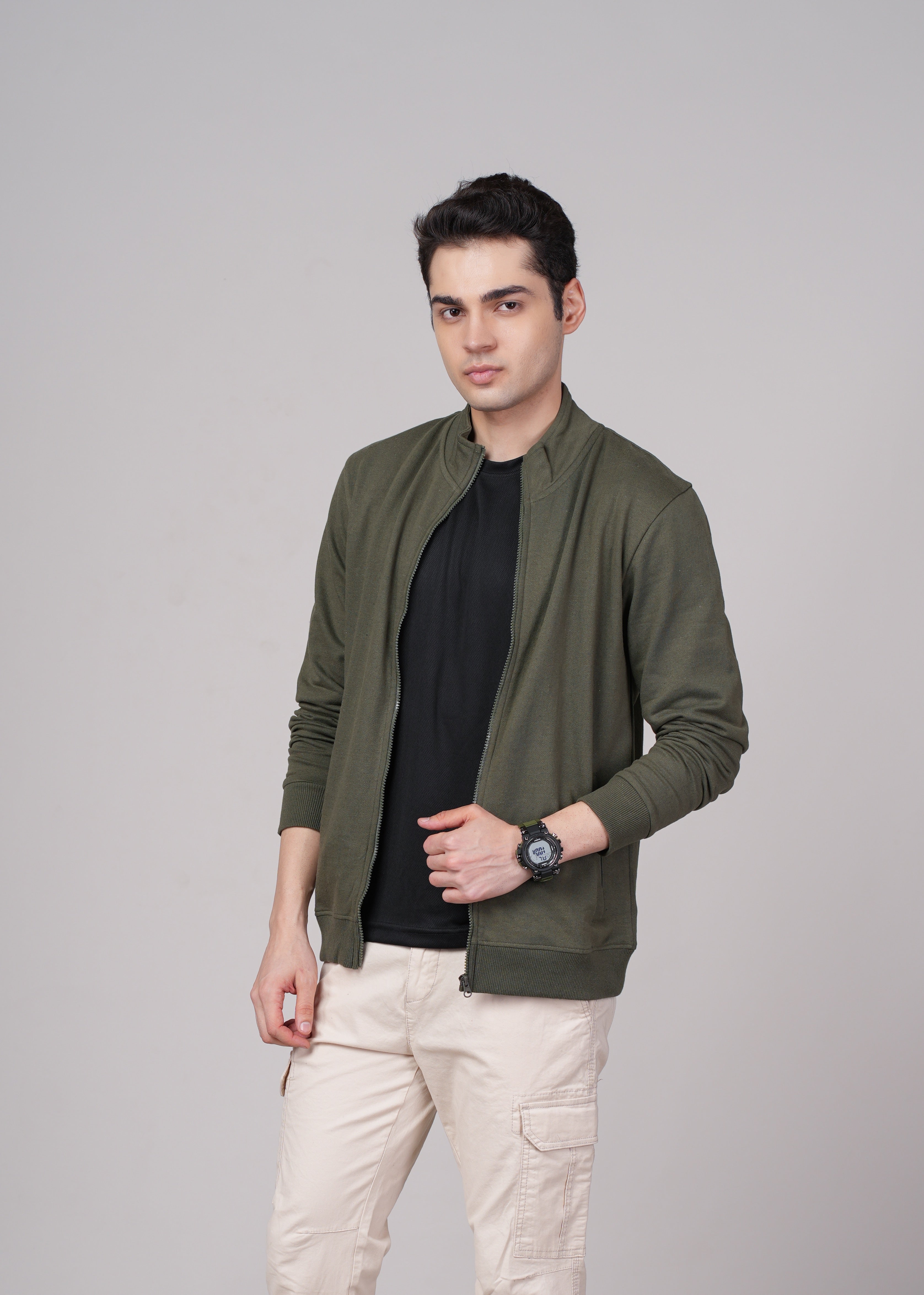 Men Olive Cotton Regular Jacket