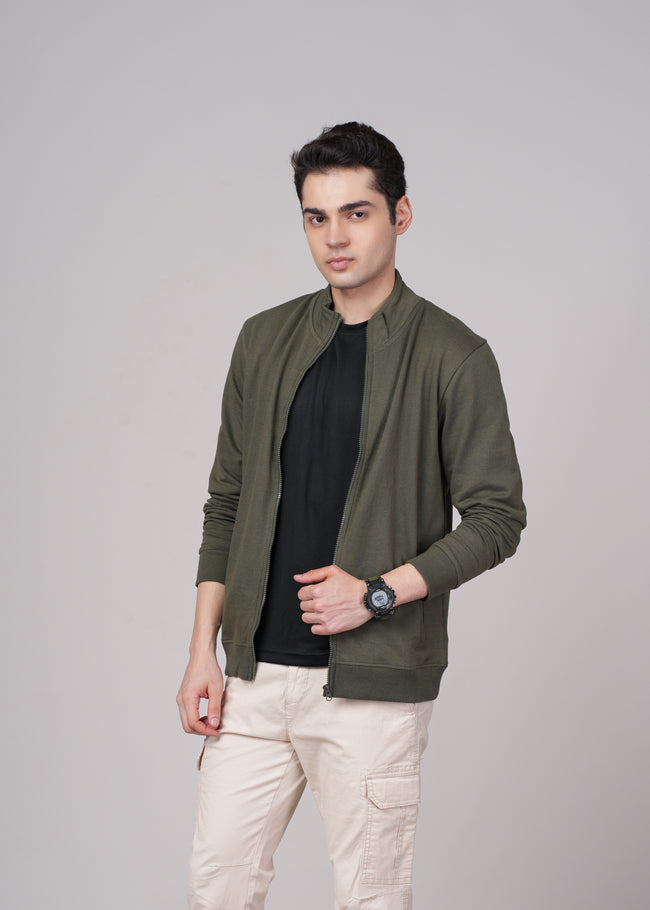 Men Olive Cotton Regular Jacket
