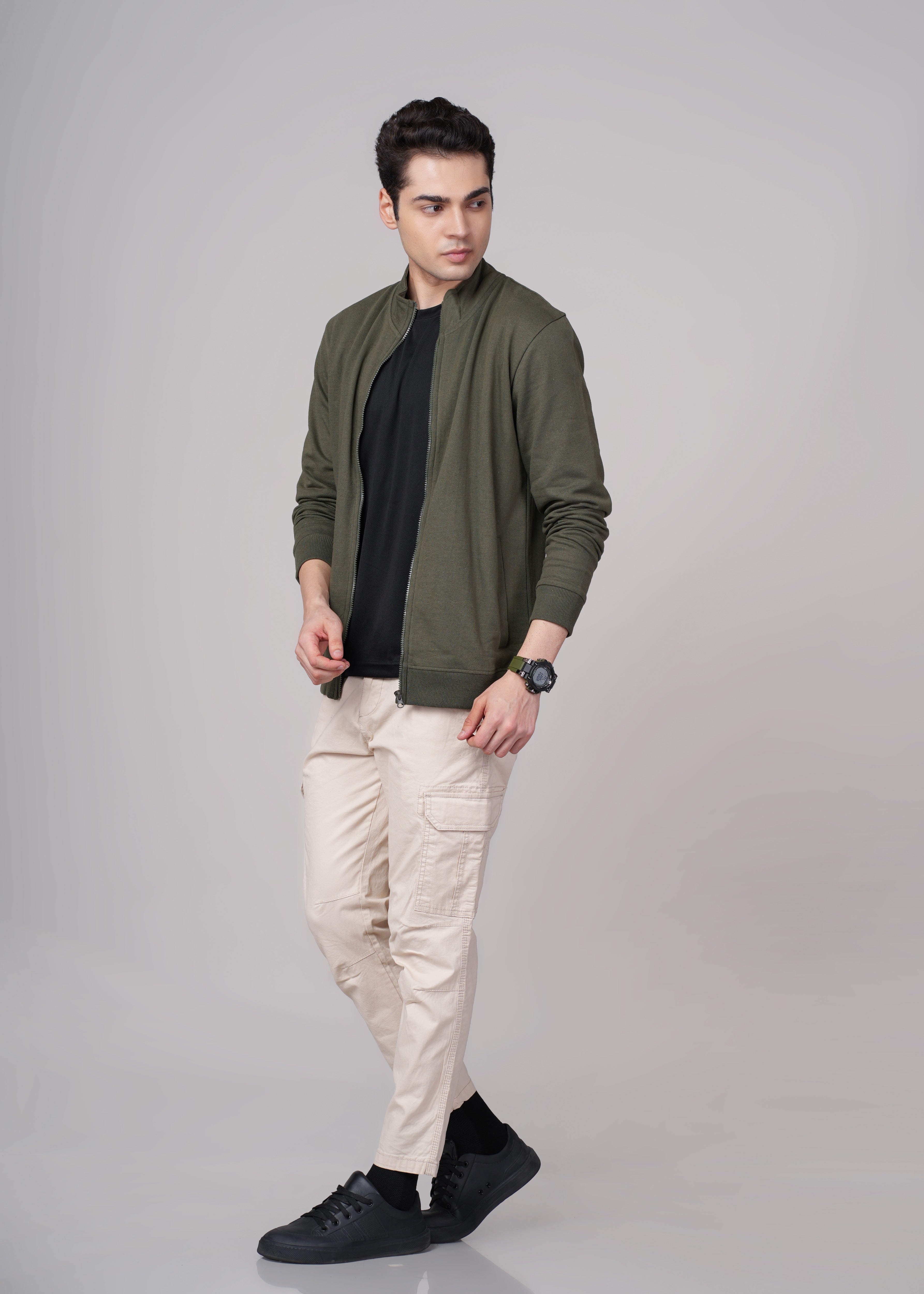 Men Olive Cotton Regular Jacket