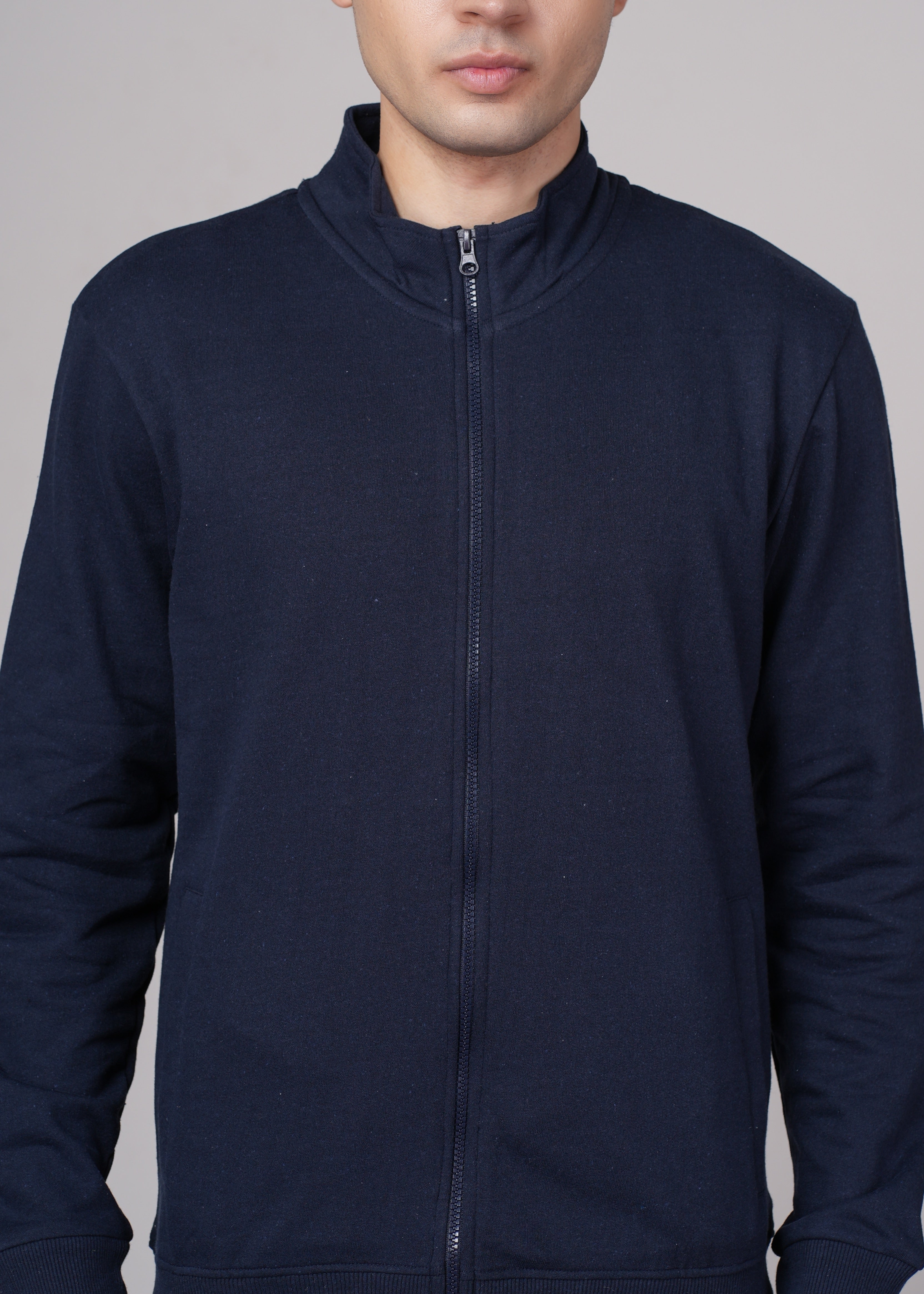Men Navy Blue Cotton Regular Jacket