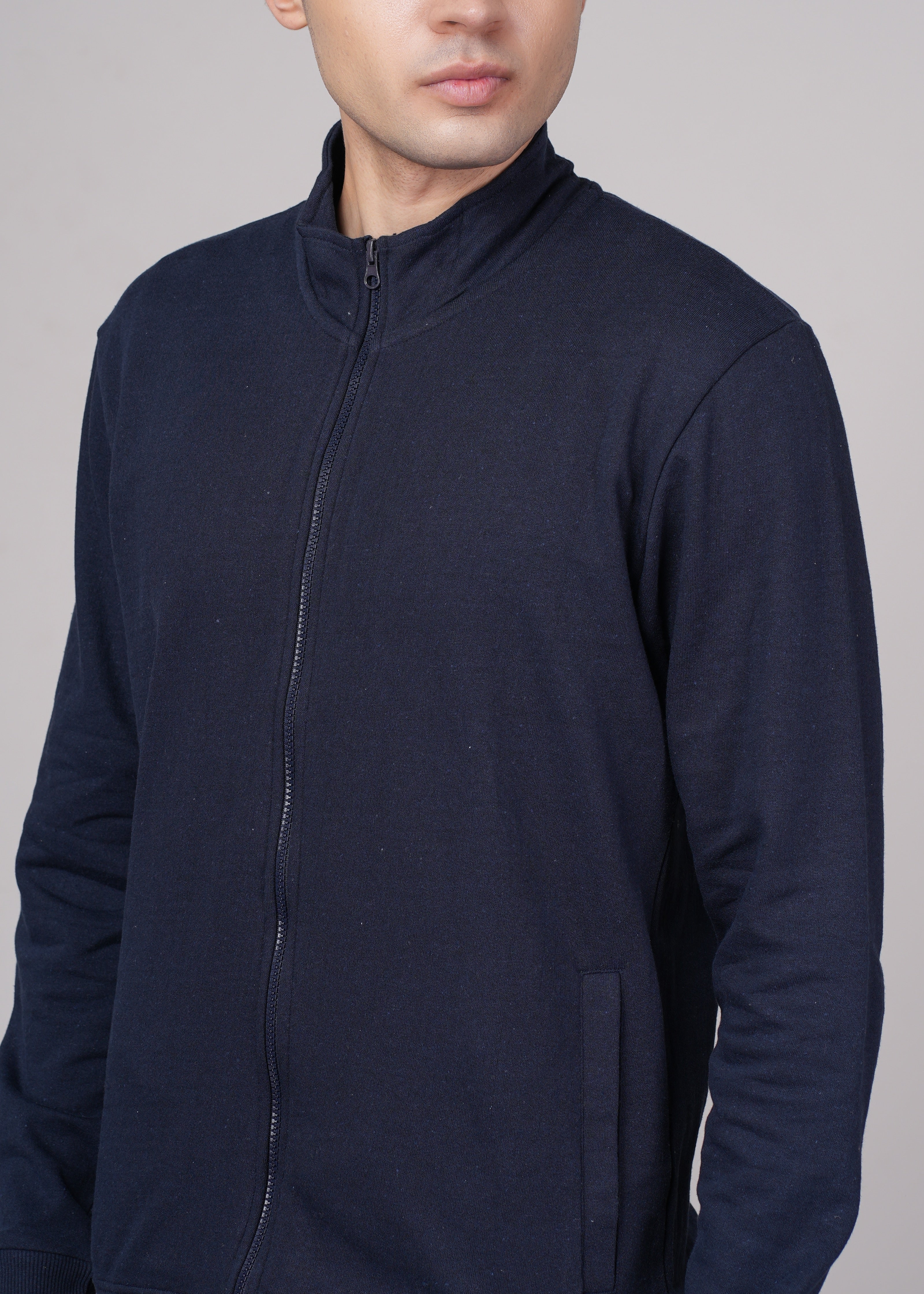 Men Navy Blue Cotton Regular Jacket