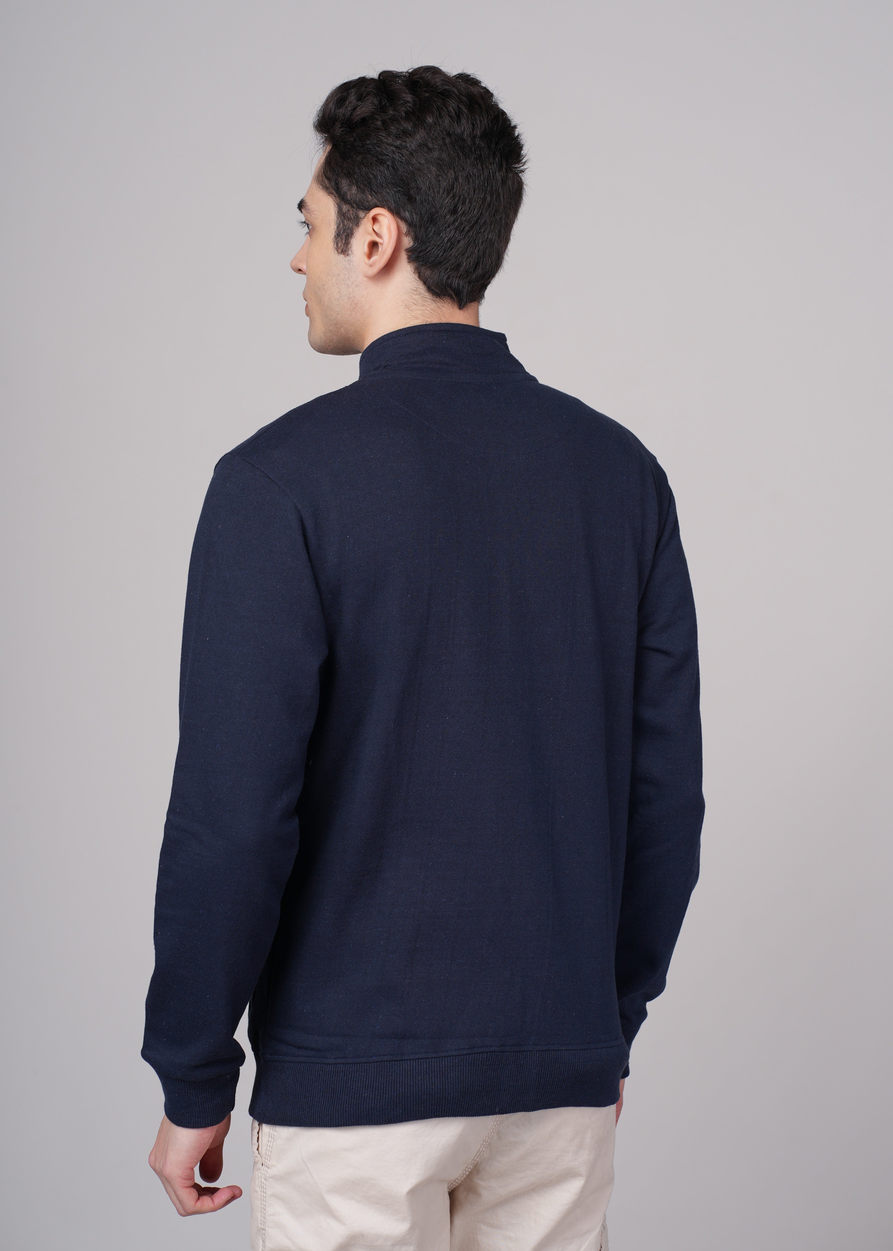 Men Navy Blue Cotton Regular Jacket