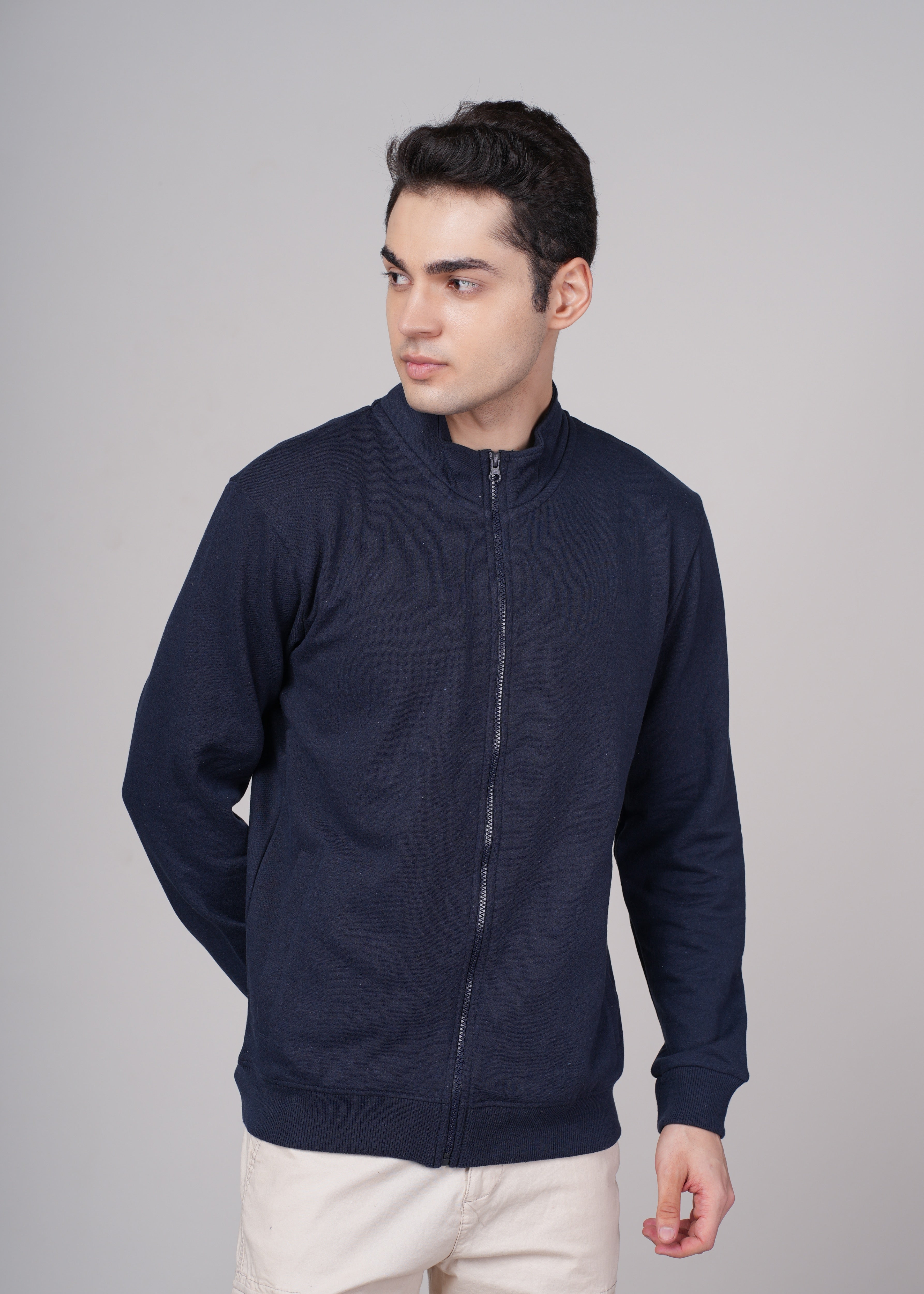 Men Navy Blue Cotton Regular Jacket