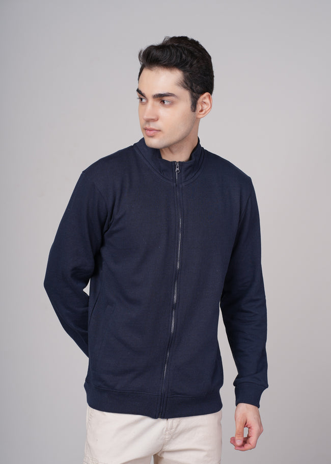Men Navy Blue Cotton Regular Jacket